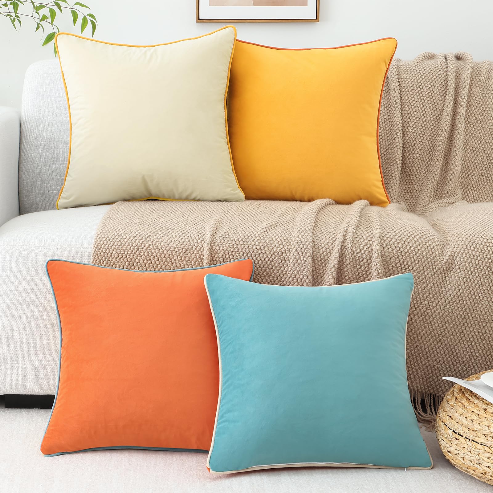 Soft Velvet Throw Pillow Covers 18x18 Inch Set of 4 - Colorful Decorative Cushion Covers for Living Room, Sofa, Bed & Couch - Orange & Yellow Mix & Match - Perfect for Home Decor, Lounge Comfort & Modern Interior Styling