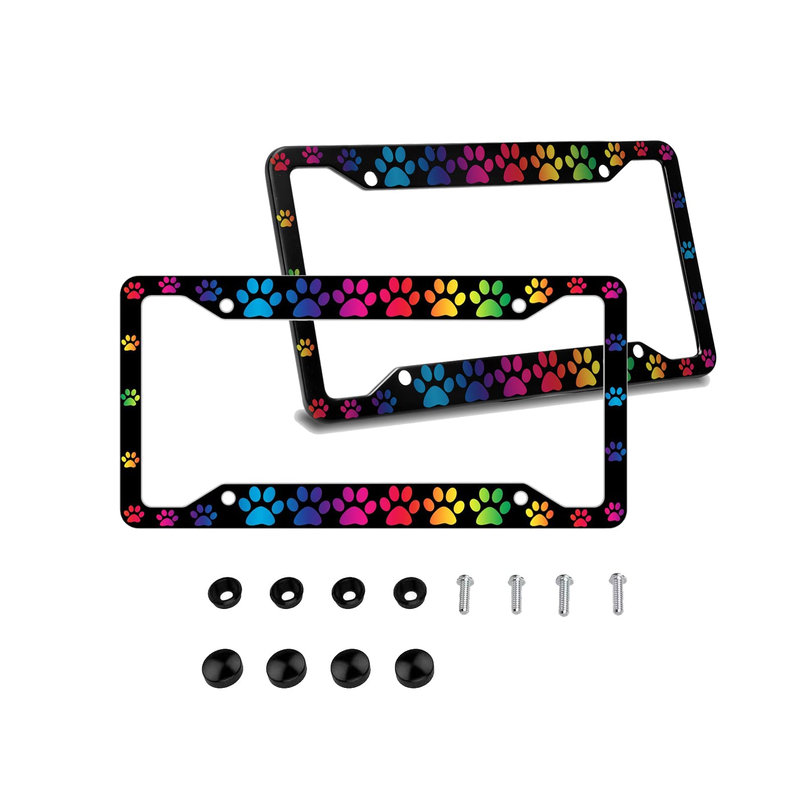 2PC Rainbow Paws License Plate Frames - Printed Car Plates with 4 Holes & Screws for Animal Lovers - Perfect for Pet Owners, Car Enthusiasts & Gift Giving