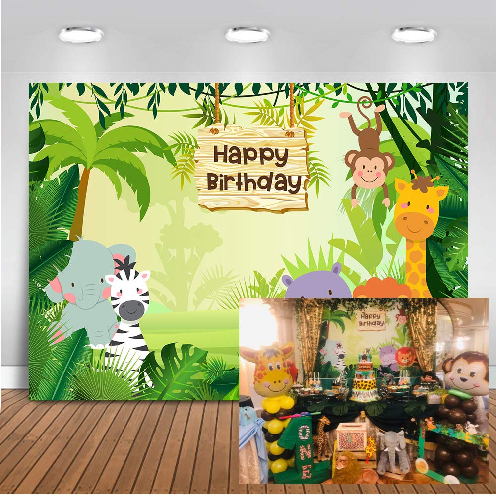 7x5ft Safari Jungle Birthday Backdrop with Wild Animals - Elephant & Monkey Forest Theme Photography Background for Boys' Birthday Parties, Baby Showers & Jungle-Themed Events