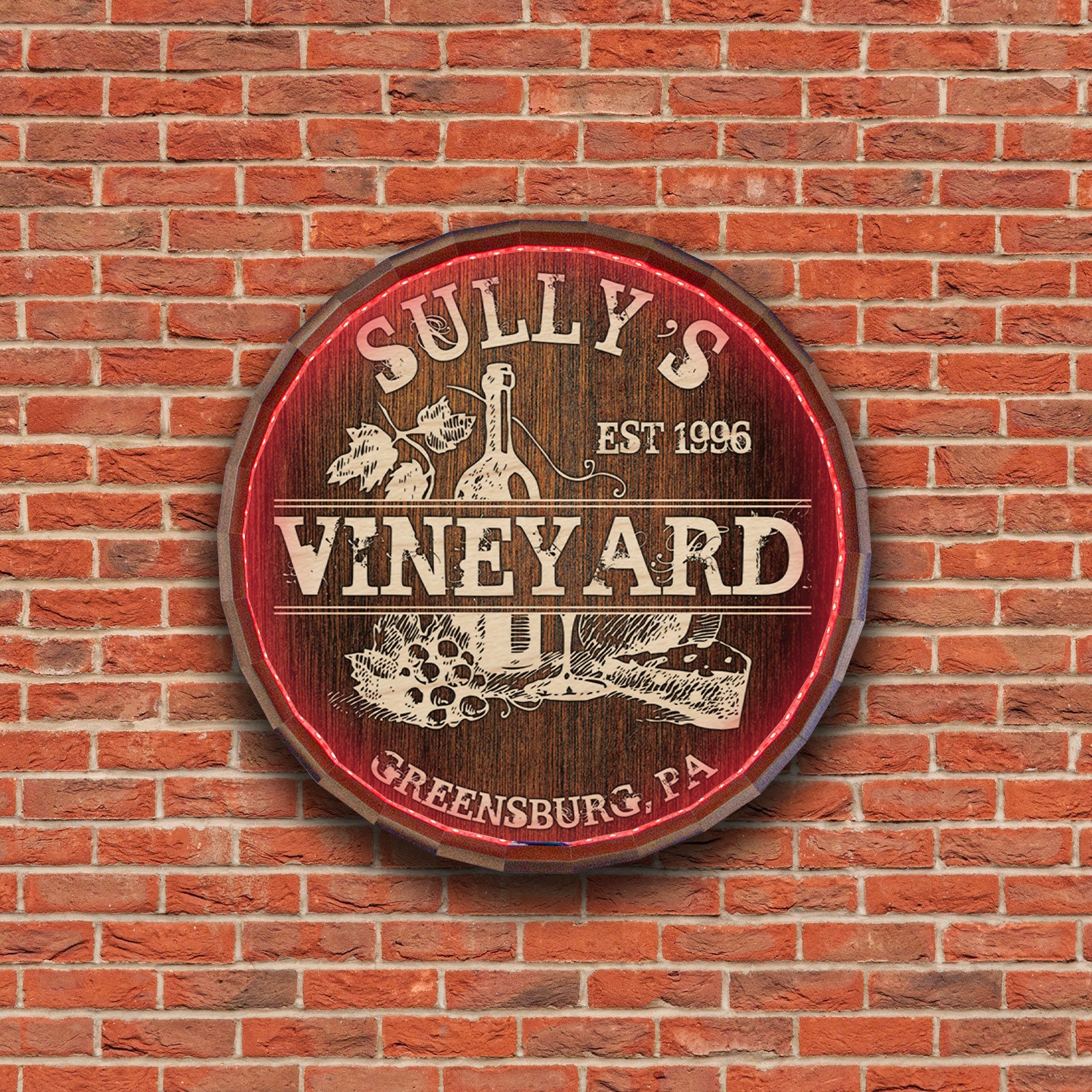 Custom LED Wood Barrel Top Sign for Vineyard - Personalized Wine Barrel Decor for Weddings, Bars & Home Decor