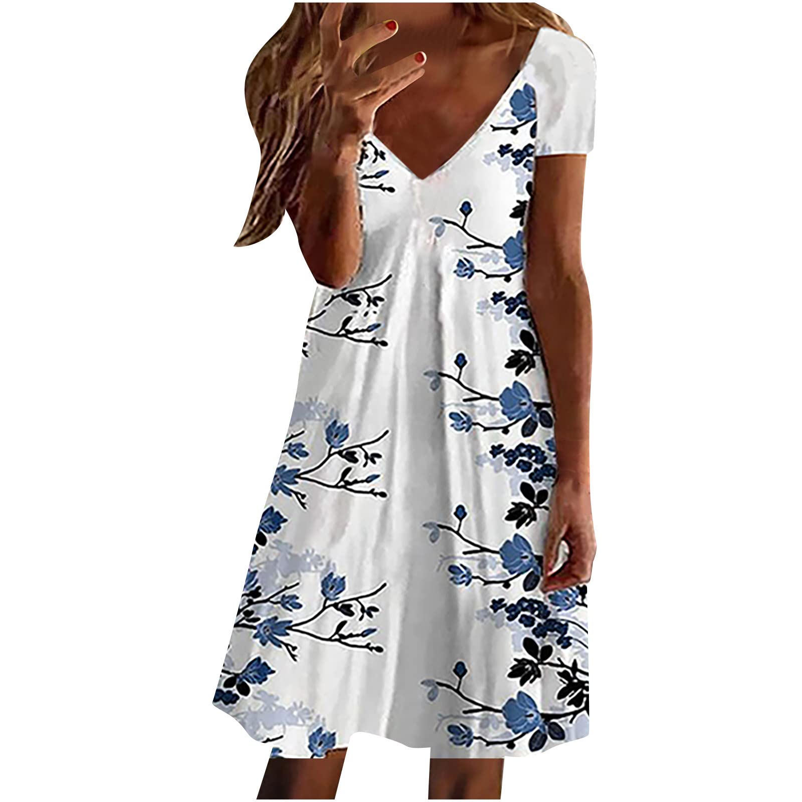 Women's Floral Print V-Neck Ruched Mini Dress - Short Sleeve Summer Casual Vintage Loose Fit Dress for Beach, Party & Date Night