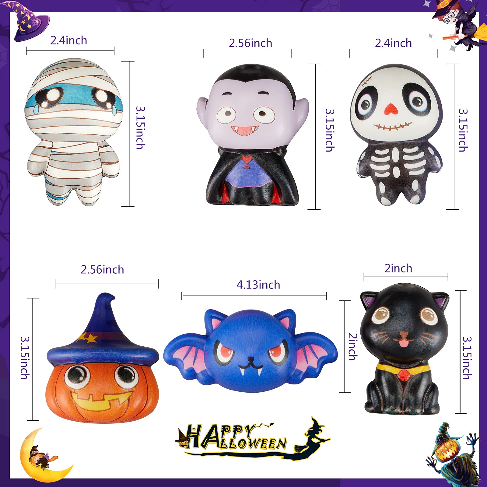 6 Pack Halloween Squishy Toys Slow Rising Stress Relief - Ghost, Vampire, Pumpkin, Skull, Black Cat, Mummy & Bat - Soft Halloween Party Favors for Kids, Boys & Girls - Perfect for Trick-or-Treating, Classroom Prizes & Goodie Bags