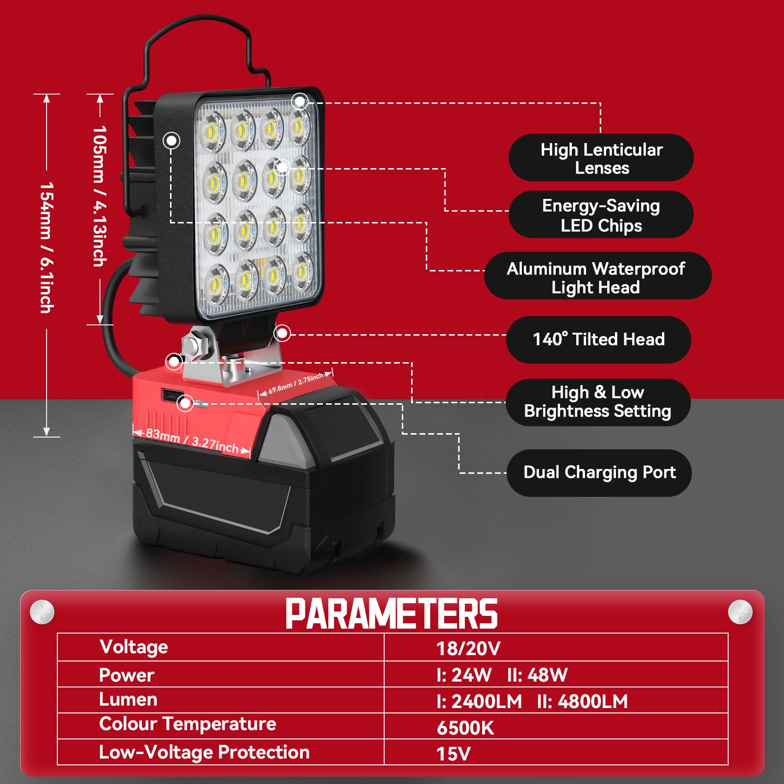 Milwaukee M18 LED Work Light - 18V Cordless Rechargeable Flashlight with USB Charger, 48W Bright Light for Construction, Automotive Repair & Outdoor Camping (Battery Not Included)