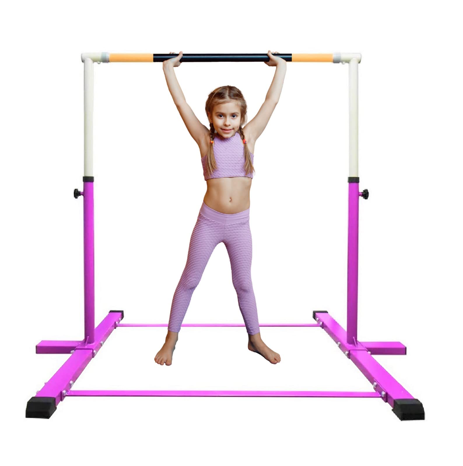 **Adjustable Kids Gymnastics Bar 3-in-1 Set with Balance Tube & 6'x4' Tumble Mat – Expandable Height 3-5 FT, Horizontal & Asymmetric Bar for Junior Gymnasts – Perfect for Home Training, Playrooms & Backyard Practice (Pink)**