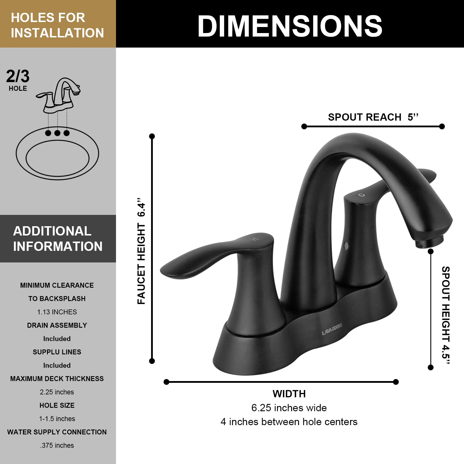 Matte Black Bathroom Faucet - Lava Odoro 4 Inch Centerset Bathroom Sink Faucet with 2 Handles & Pop-Up Drain Assembly - Perfect for Vanity & Powder Room Renovations
