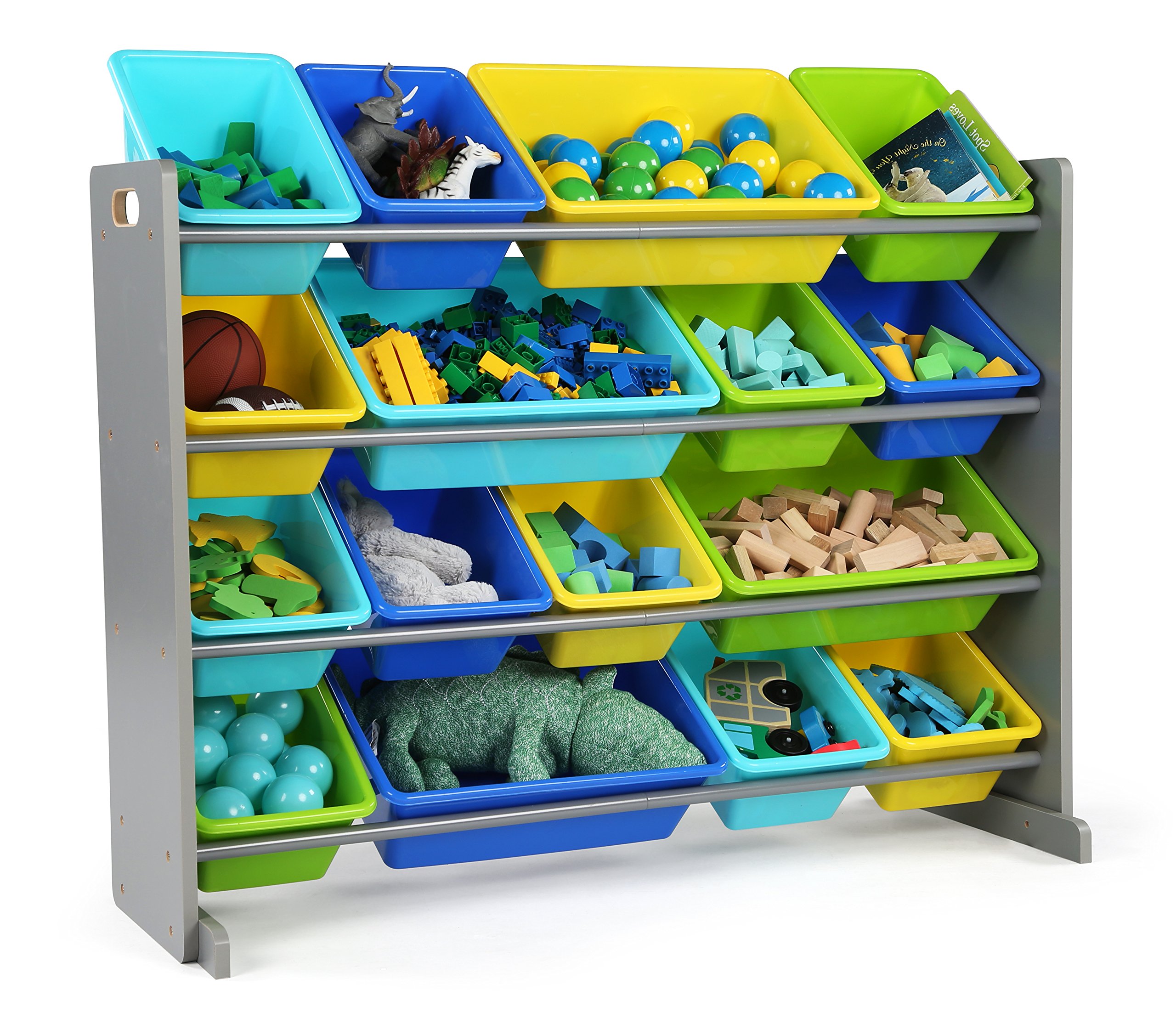 Humble Crew Extra-Large Kids Toy Storage Organizer with 16 Bins - Grey/Blue/Green/Yellow | Wooden Children's Table and 4 Chairs Set | Perfect for Playroom, Classroom & Daycare Organization