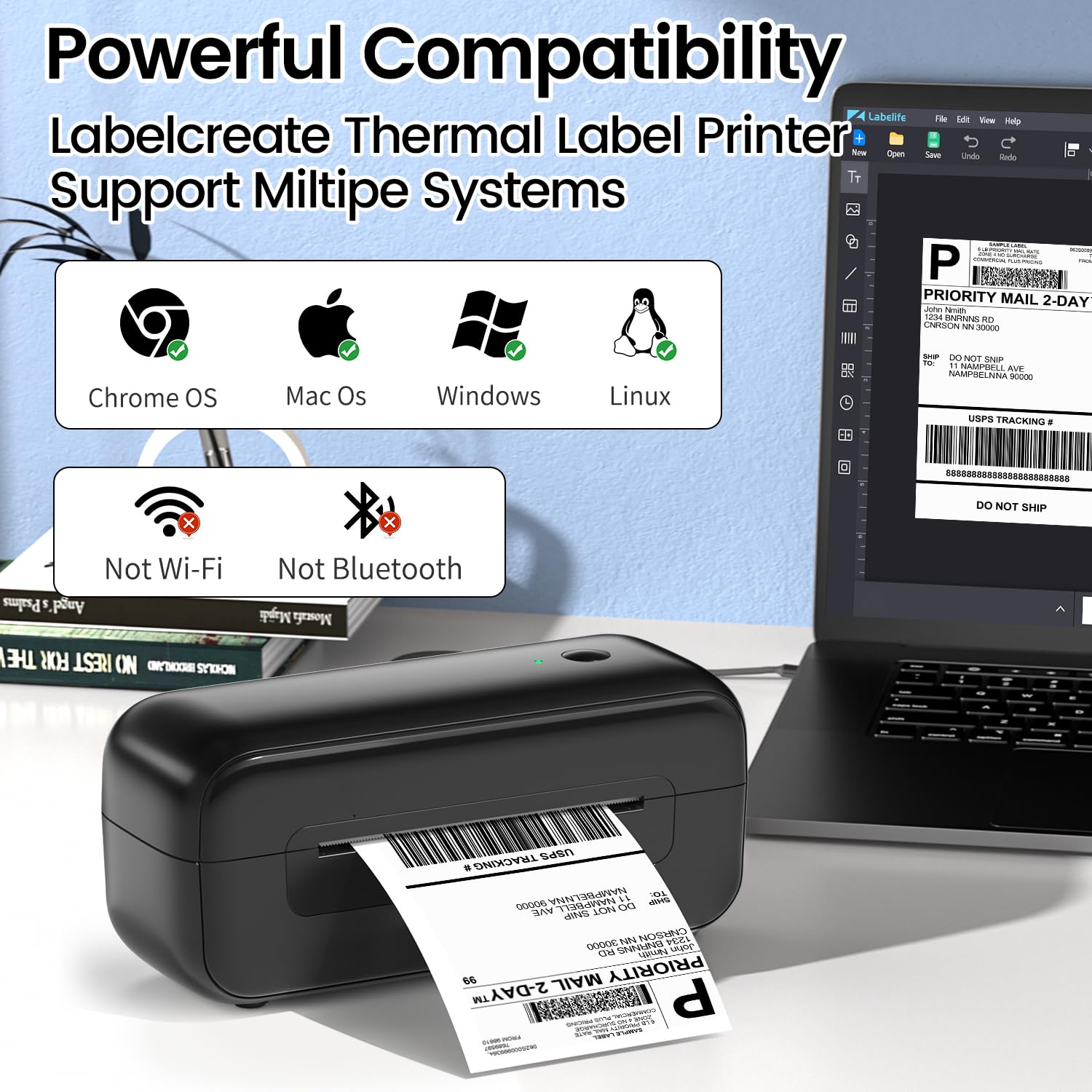 LabelCreate 4x6 Wireless Thermal Shipping Label Printer for Home & Small Business - Compatible with iPhone, Android, Mac, Windows, UPS & Colissimo - Perfect for E-commerce, Amazon FBA & Package Shipping