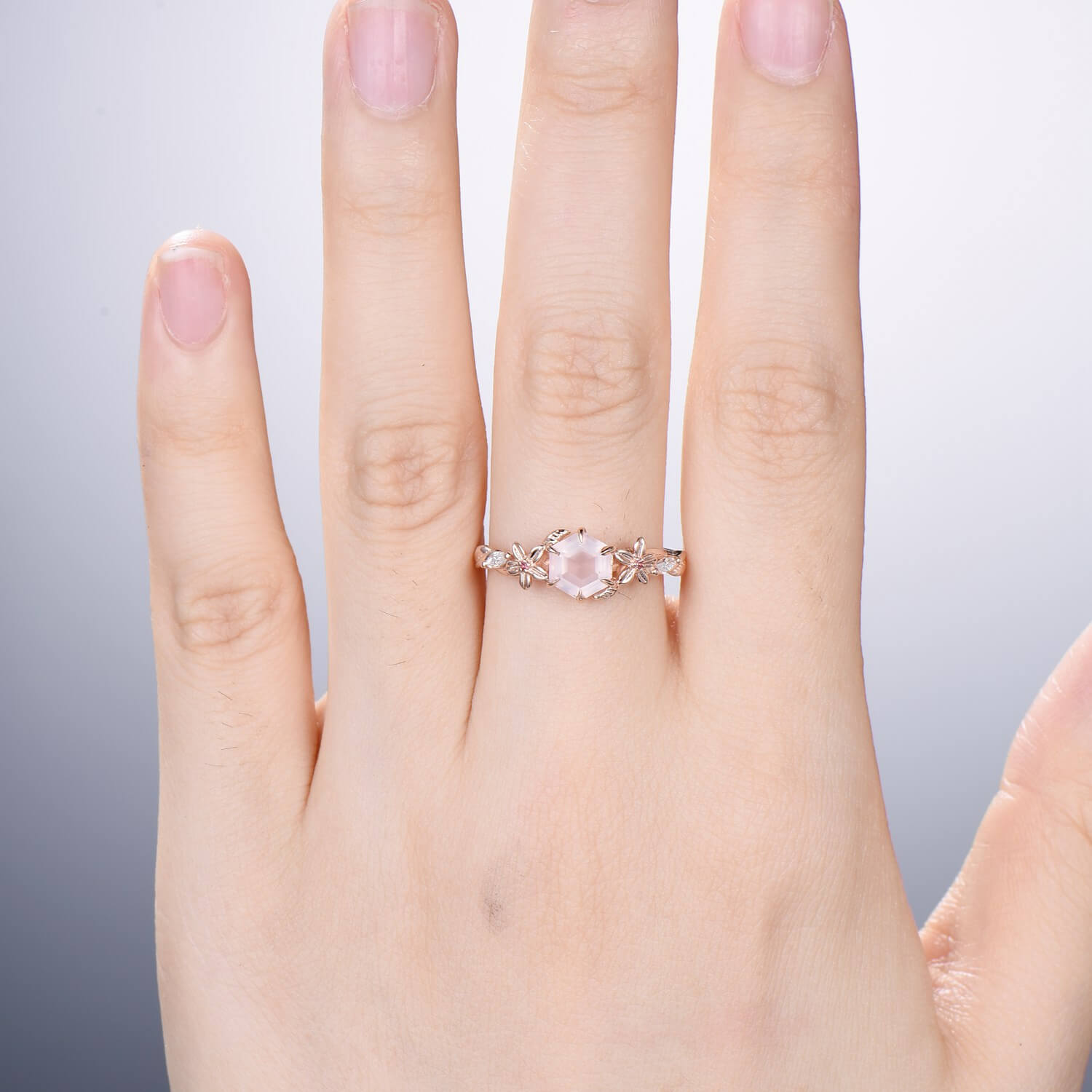 Vintage Nature-Inspired Rose Quartz Engagement Ring for Women - Unique Pink Tourmaline Wedding Band with Twisted Leaves Design | Perfect for Boho, Retro & Romantic Weddings
