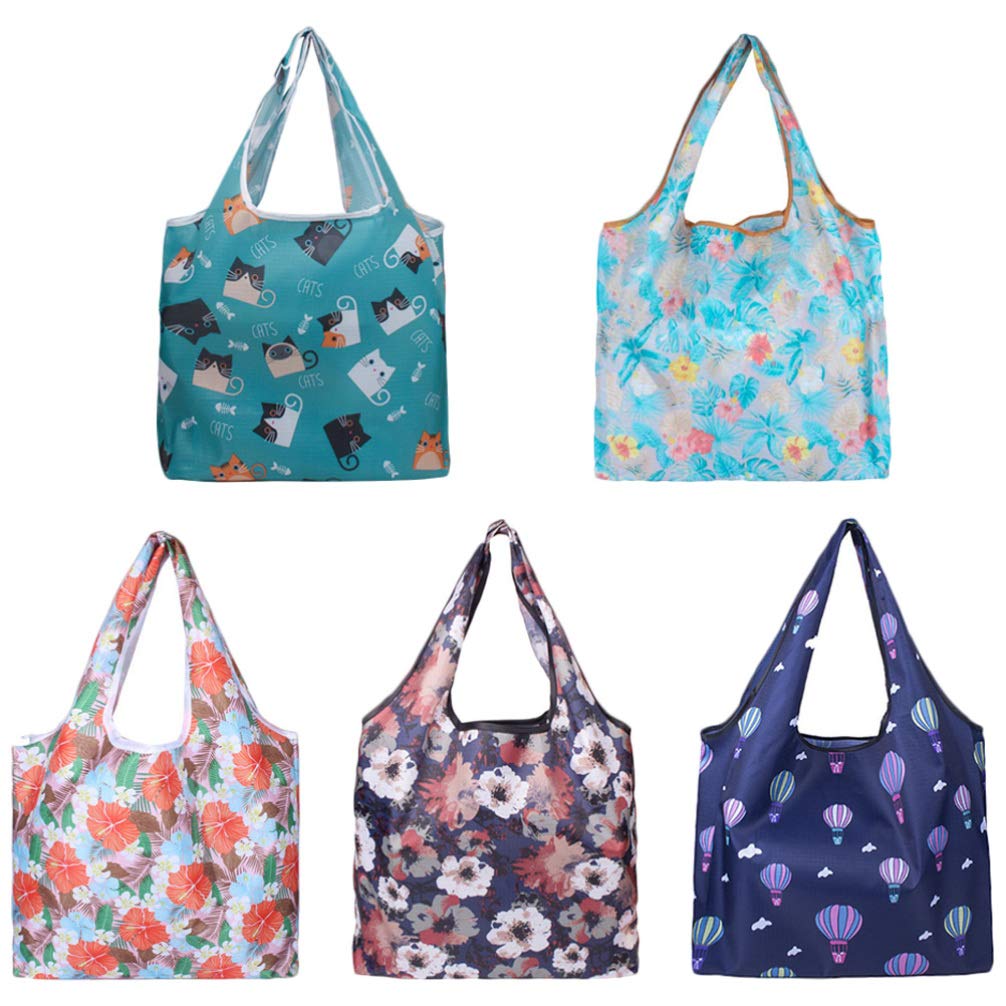 Hemoton 5-Pack Reusable Grocery Bags - Foldable Waterproof Shopping Totes with Handles, Durable Oxford Cloth (Assorted Colors) - Perfect for Grocery Shopping, Travel & Beach Trips