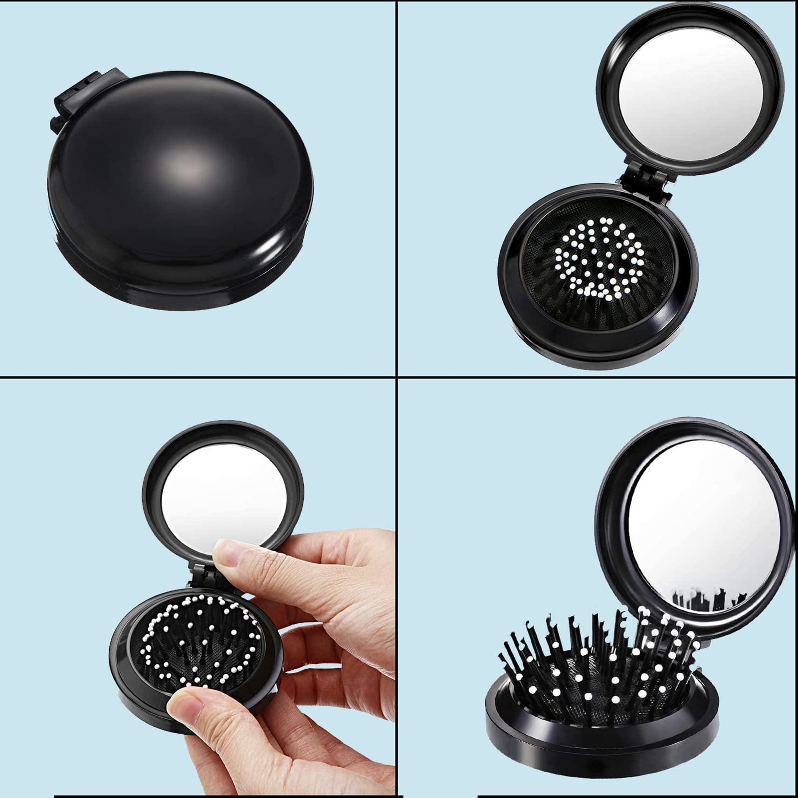 3Pack Travel Hair Brushes - Folding Mirror Combs for Women, Girls (Black/Silver/Purple) - Perfect for Travel & On-the-Go Styling