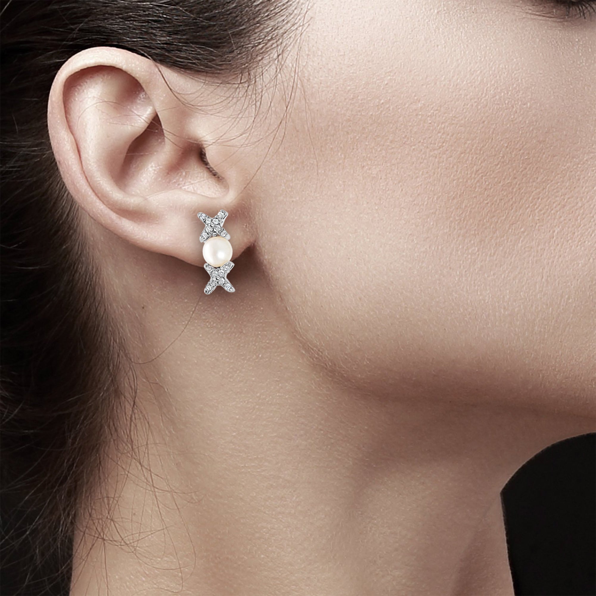 14K White Gold Freshwater Pearl & Diamond Drop XOXO Earrings - 0.75cttw, Elegant Gift for Women, Perfect for Weddings, Anniversaries & Special Occasions