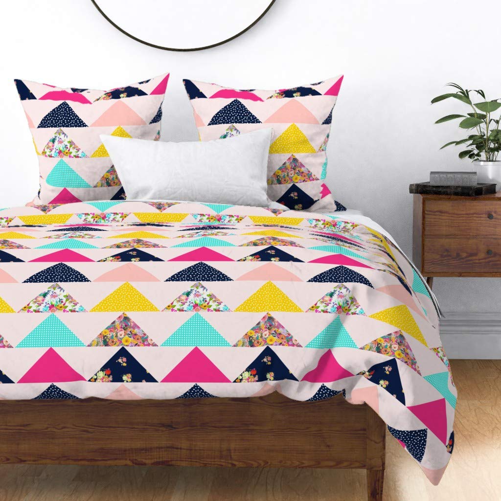 Custom Pink Triangle Floral Cotton Sateen Duvet Cover Twin Size - Bright Patchwork Design for Girls' Room, Baby Nursery & Kids Bedding | Soft & Stylish Bedroom Decor for Toddlers & Teens