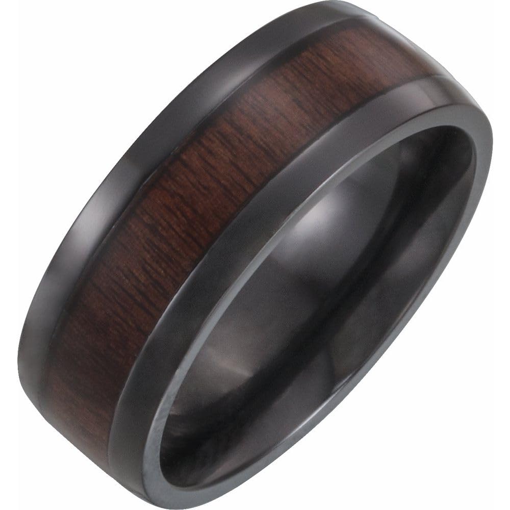 8mm Black Beveled Edge Wedding Band Ring - Comfort Fit Wood Inlay for Men - Perfect for Weddings, Anniversaries & Everyday Wear