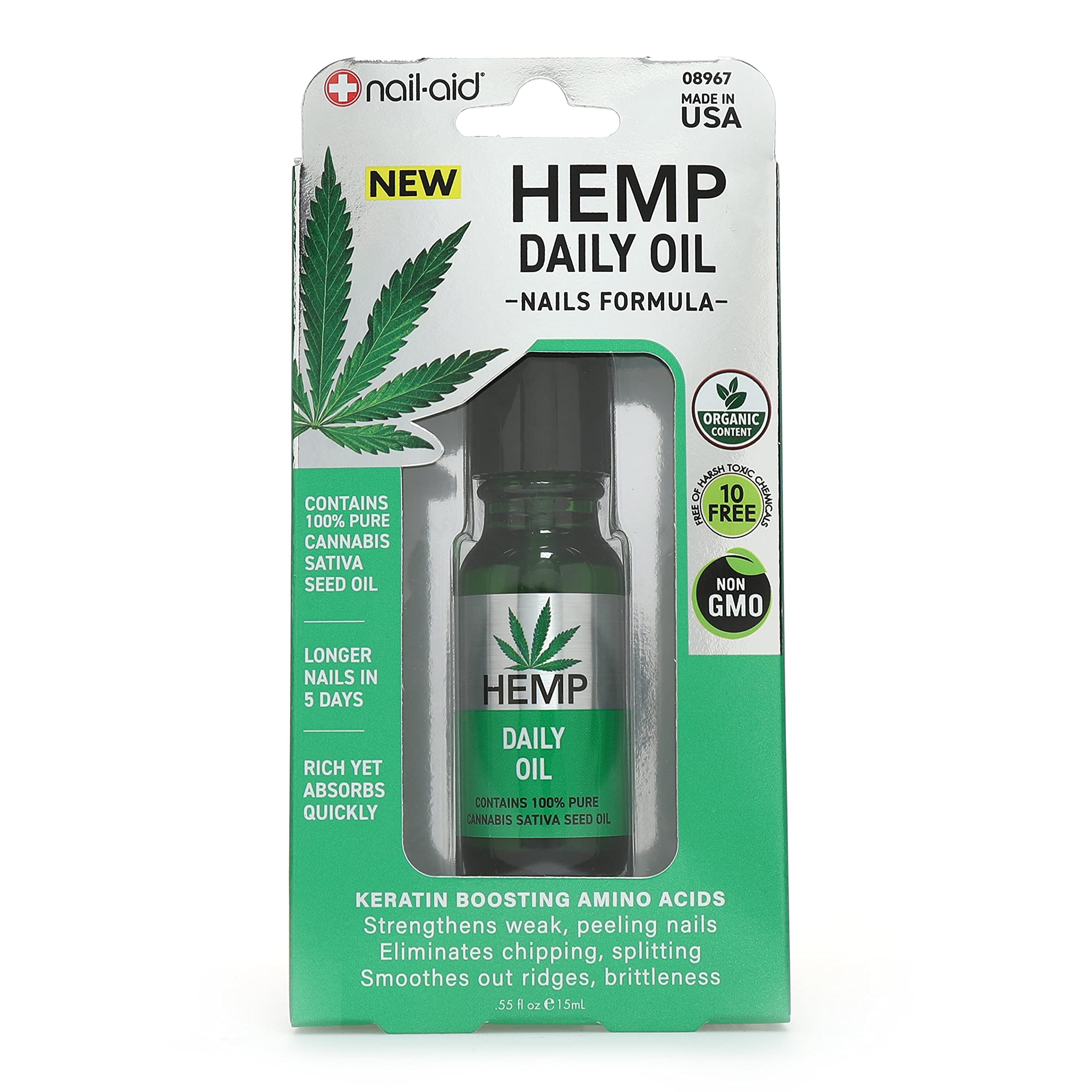 Nail-Aid Hemp Daily Oil with Cannabis Sativa Seed - 0.55 Fl Oz Nail Strengthener for Dry & Brittle Nails - Perfect for At-Home Manicures & Nail Care Routine