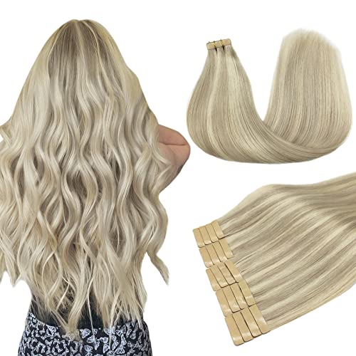 **Doores 14 Inch Tape in Human Hair Extensions - 20pcs Ash Blonde Highlighted Platinum Blonde Remy Straight Hair (50g) | Natural Real Hair for Volume & Length | Perfect for Daily Wear, Parties & Special Occasions**