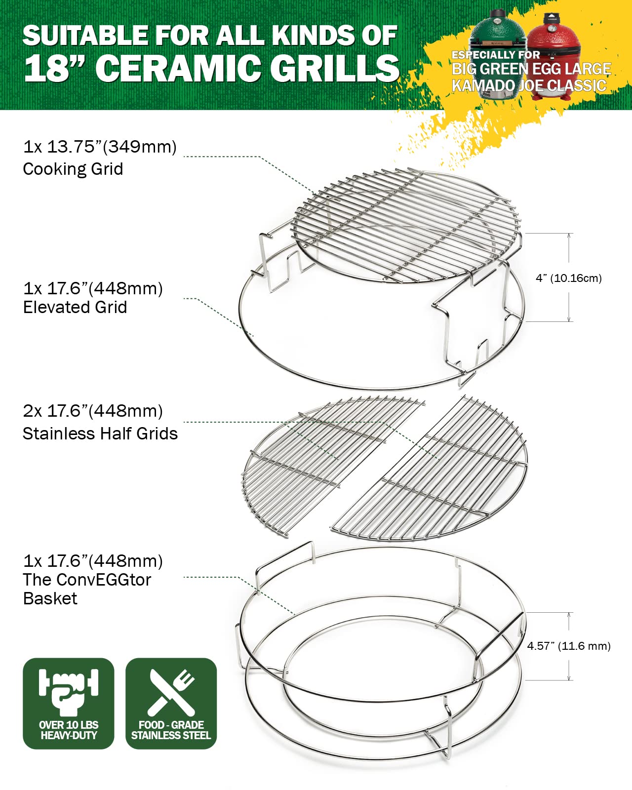 BBQ Expander Rack Kit for Large Green Egg Grill - 2-Piece Multi-Function Rack, Conveggtor Basket & Half-Moon Grids | Heavy-Duty Stainless Steel Kamado Grill Accessories | Perfect for Smoking, Grilling & Baking