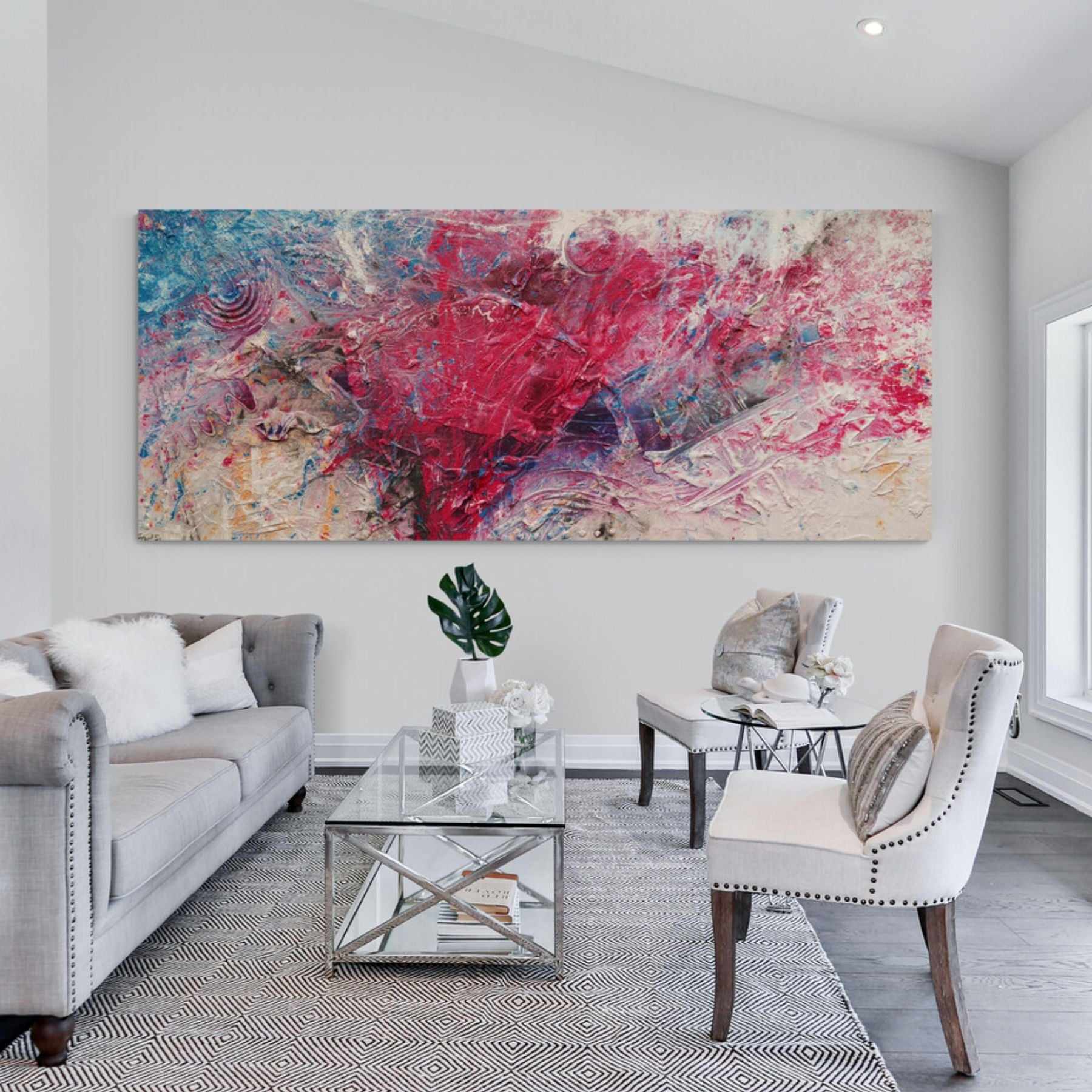 240cm x 100cm Pink Textured Abstract Canvas Painting - Modern Love Masquerade Wall Art for Living Room, Bedroom & Office Decor