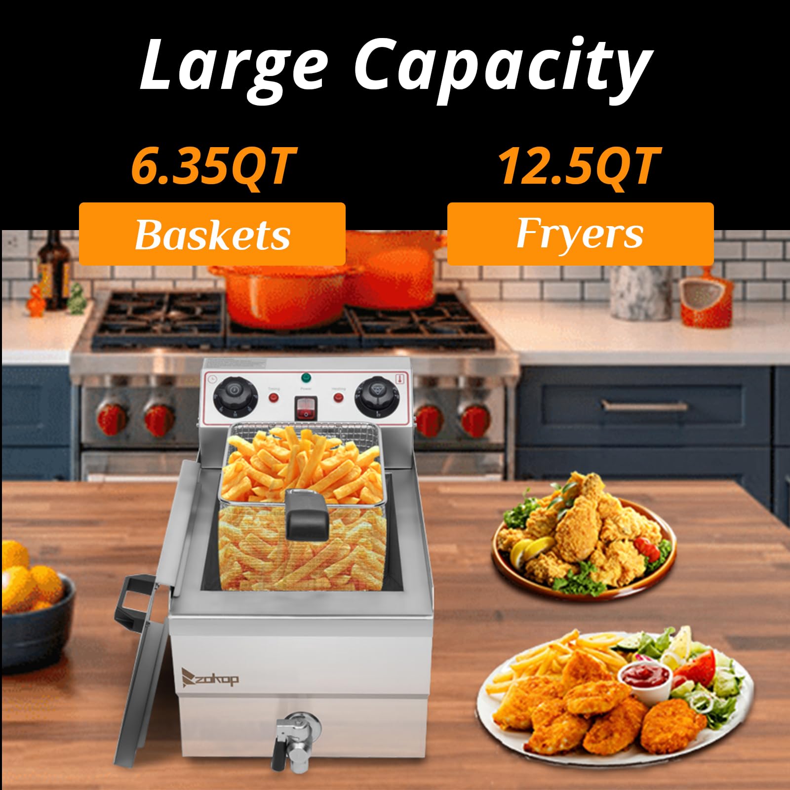 Winado 12.5QT Electric Deep Fryer with Timer & Oil Filtration System - 1700W Stainless Steel Commercial Countertop Fryer with Adjustable Temperature Control, Basket & Lid - Perfect for Home Kitchens, Restaurants & Fast Food Businesses - Ideal for Frying Chicken, French Fries, Donuts & More