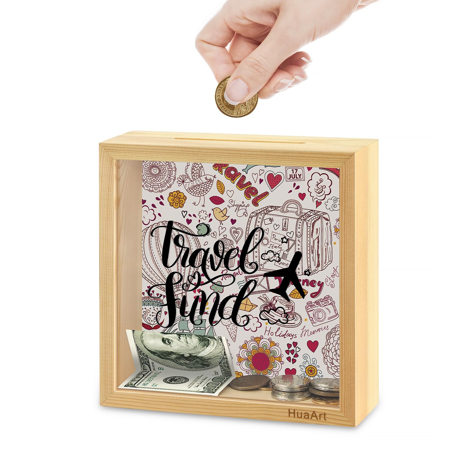 Wooden Piggy Bank for Adults & Kids - 6.5x6.5x2.2 Inch Natural Wood Money Box with Plexiglass Front (Travel Fund Design) - Perfect for Saving Coins, Cash & Building Travel Savings at Home or Office