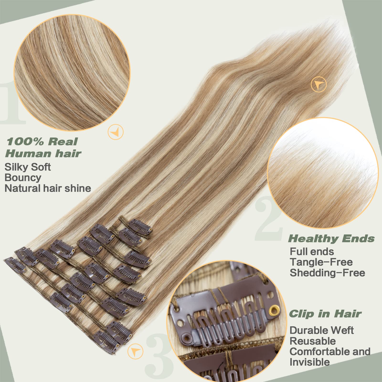 S-noilite Clip in Human Hair Extensions 8-Piece Set - 22 Inch Balayage Straight Hair (Light Golden Brown/Bleach Blonde) | Ultra Soft & Silky | Perfect for Parties, Weddings & Daily Styling