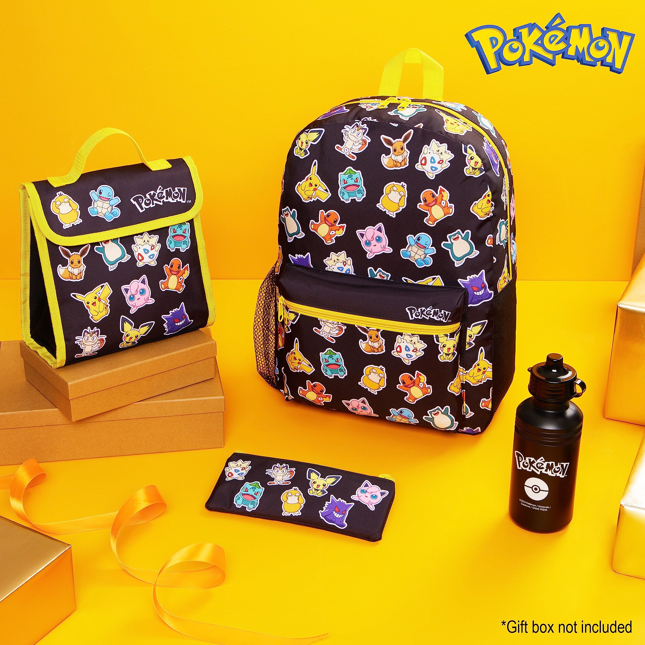 Pokemon Kids Backpack 4-Piece School Set - Pikachu Themed Insulated Lunch Box, BPA-Free 500ml Water Bottle, Pencil Case & Rucksack - Back to School Supplies for Boys (Black/Multi) - Perfect for School, Travel & Outdoor Adventures