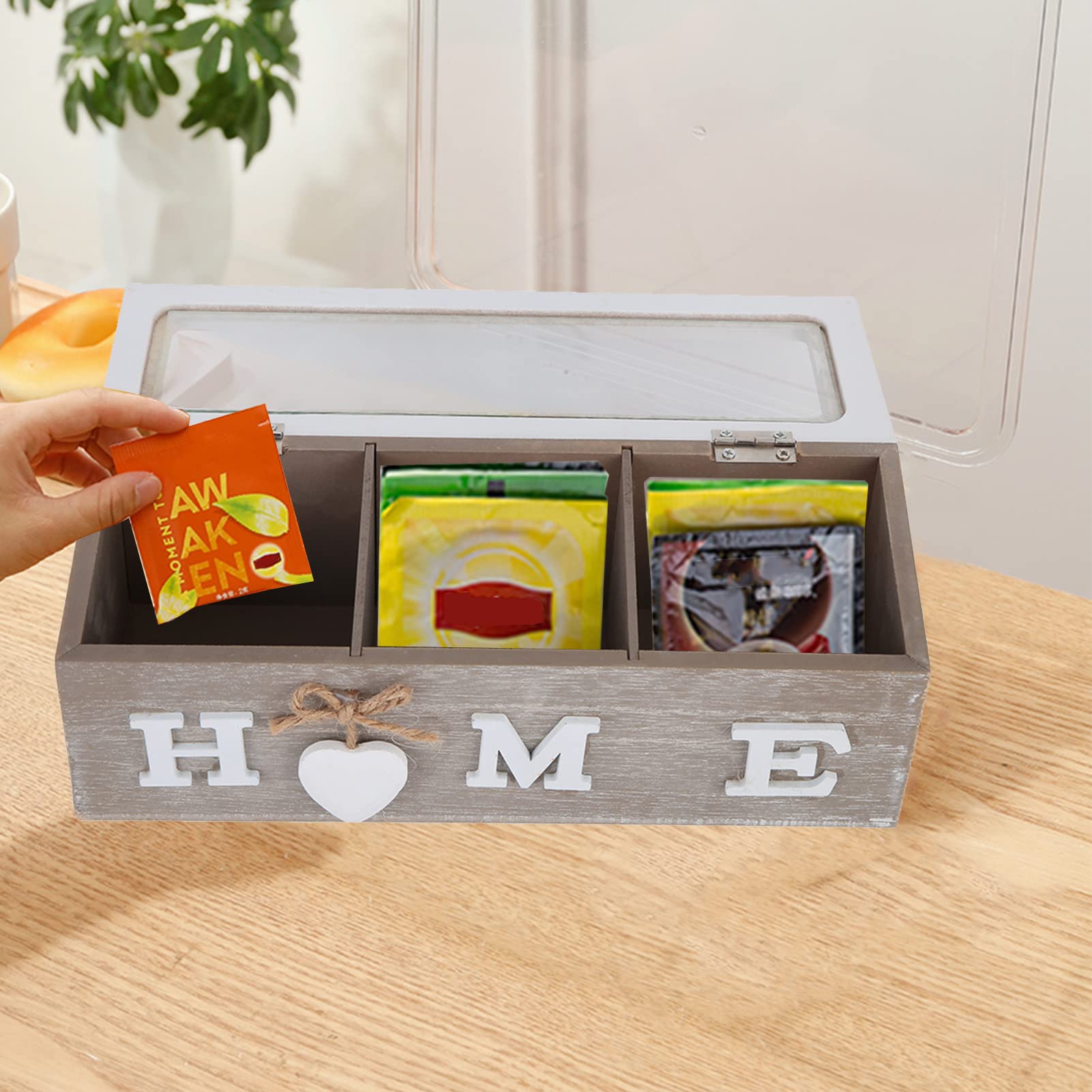 Premium Wooden Tea Box with Lid - Tea Bag Organizer & Storage Chest - Clear Sampler Assortment Box for Loose Leaf & Bagged Teas - Perfect for Kitchen, Pantry, or Gift Giving