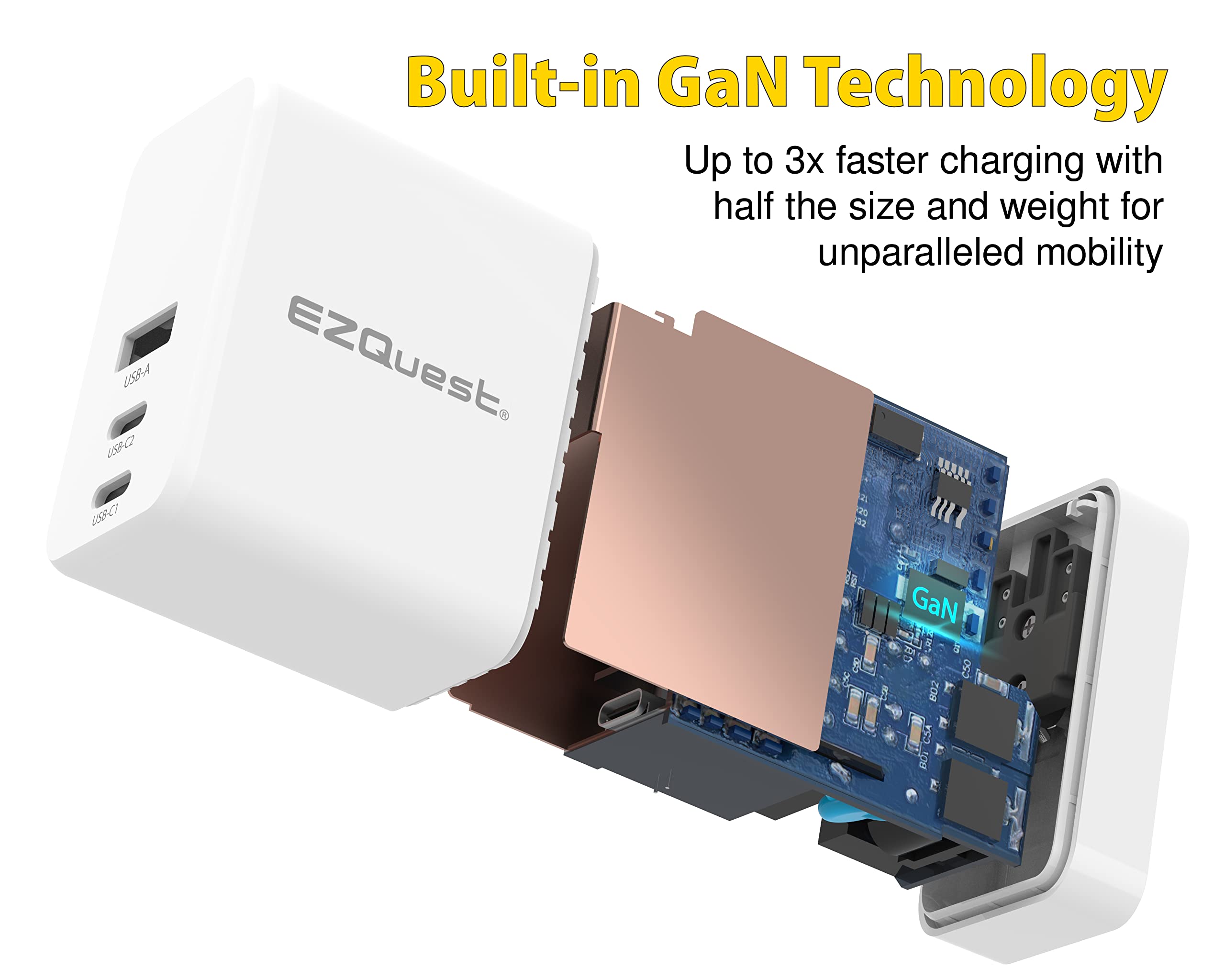 EZQuest 90W USB C Charger - Dual USB-C & USB-A Ports with 2M Cable - PD Fast Charging GaN Wall Adapter - Compatible with MacBook Pro, iPhone, iPad, Samsung - Perfect for Home, Office & Travel Charging