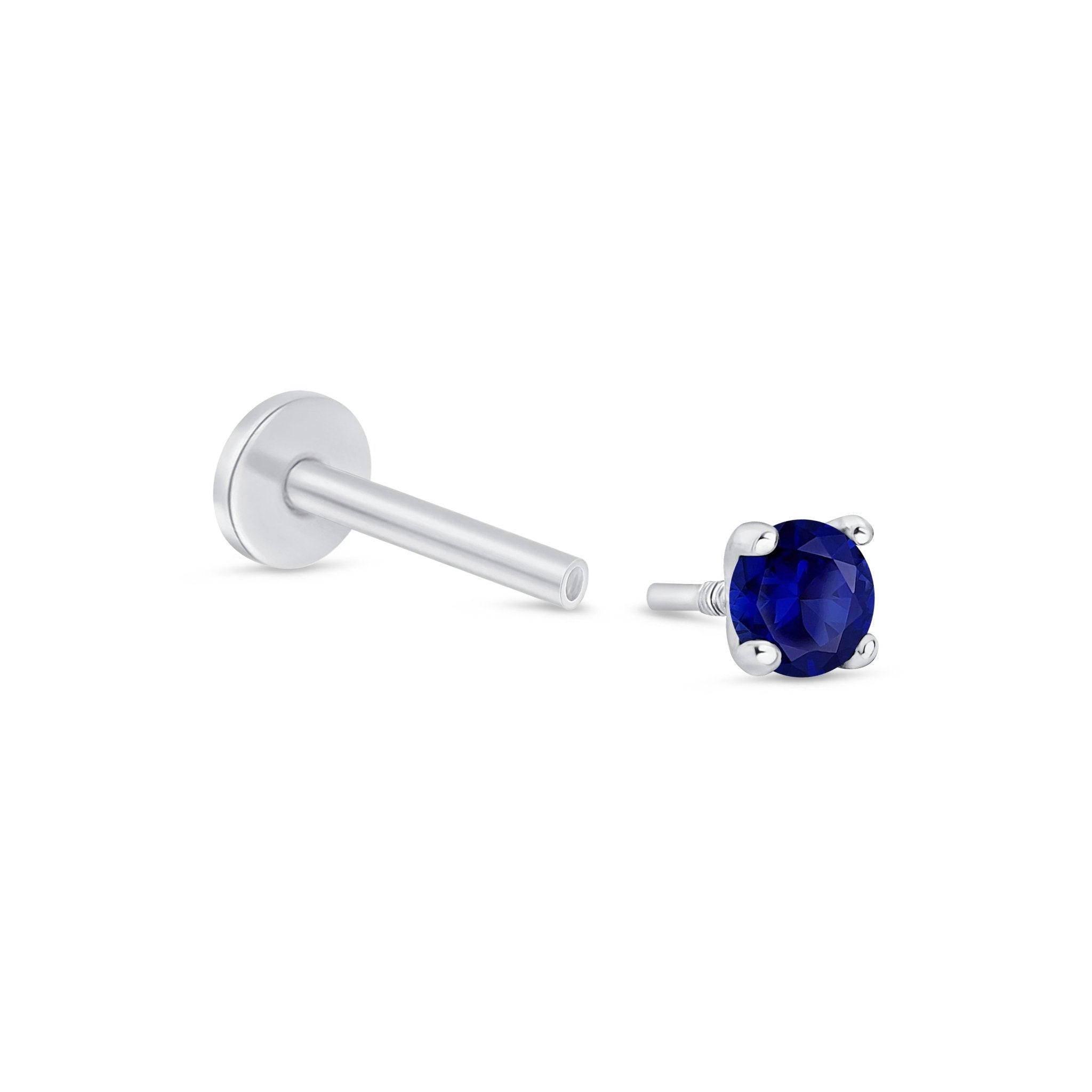 14k White Gold Blue Sapphire Cartilage Flat Back Stud Earrings - Dainty & Hypoallergenic Piercing Jewelry for Helix, Tragus, or Conch - Perfect for Everyday Wear & Special Occasions