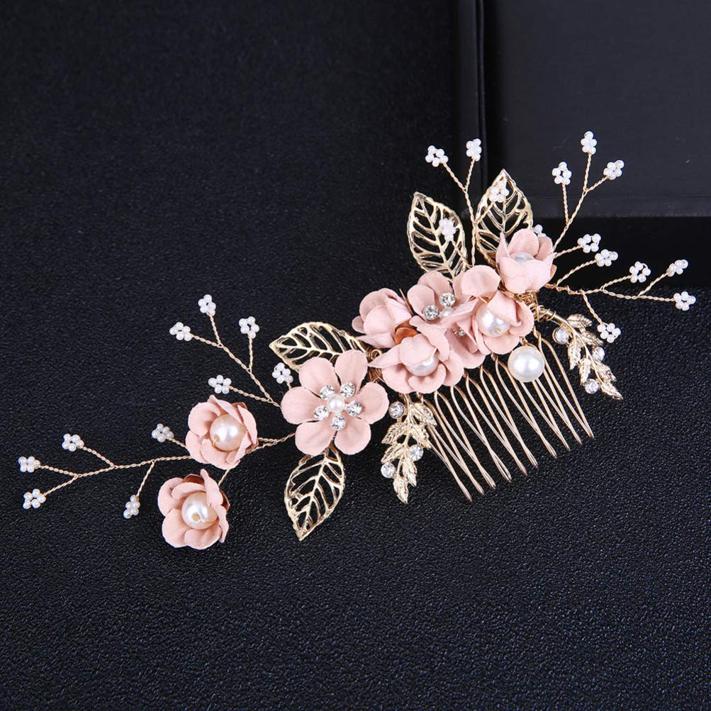 NUOBESTY 4-Piece Rhinestone Crystal Floral Bridal Hair Comb Set - Elegant Wedding Hair Clips & Pins for Brides, Prom, and Formal Events (Pink)