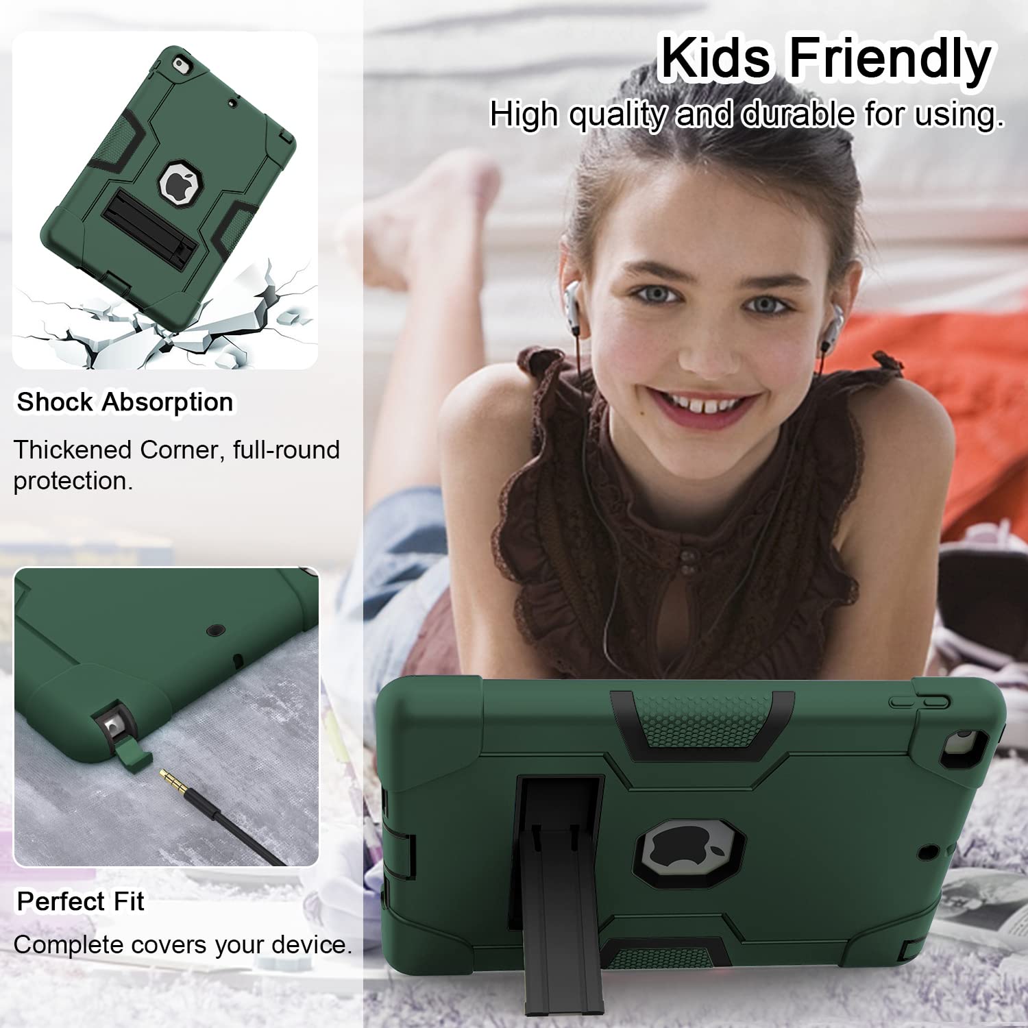 OKP Shockproof Rugged Case for iPad 6th/5th Gen & iPad Air 2 (9.7 inch) - Hybrid Protective Cover with Built-in Kickstand for iPad 2017/2018 Models (Alpine Green & Black) | Perfect for Work, Travel & Outdoor Use