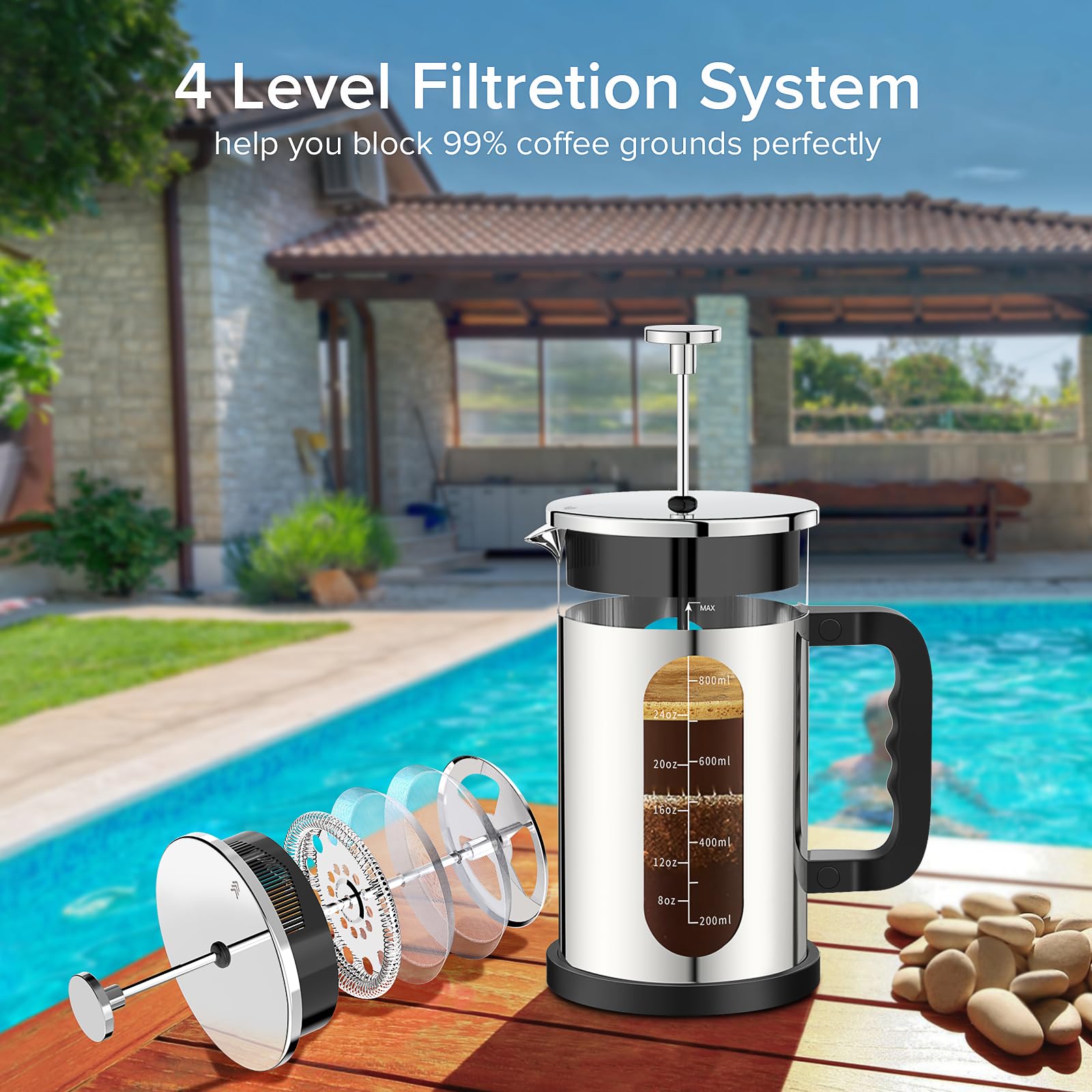 Premium 34oz French Press Coffee Maker - 304 Stainless Steel Cold Brew & Iced Coffee Maker with 4-Layer Filter, Heat-Resistant Borosilicate Glass - BPA Free, Rust-Free & Easy to Clean - Perfect for Home, Office & Camping Use