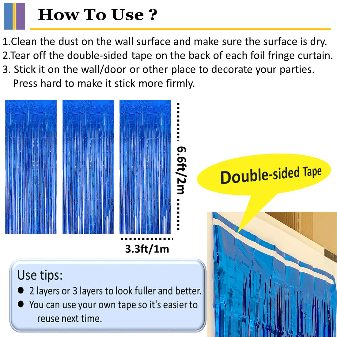 3PC Blue Fringe Backdrop Streamers - Tinsel Foil Curtains for Birthday Party Decorations | Perfect for Baby Showers, Weddings & Photo Booth Backgrounds