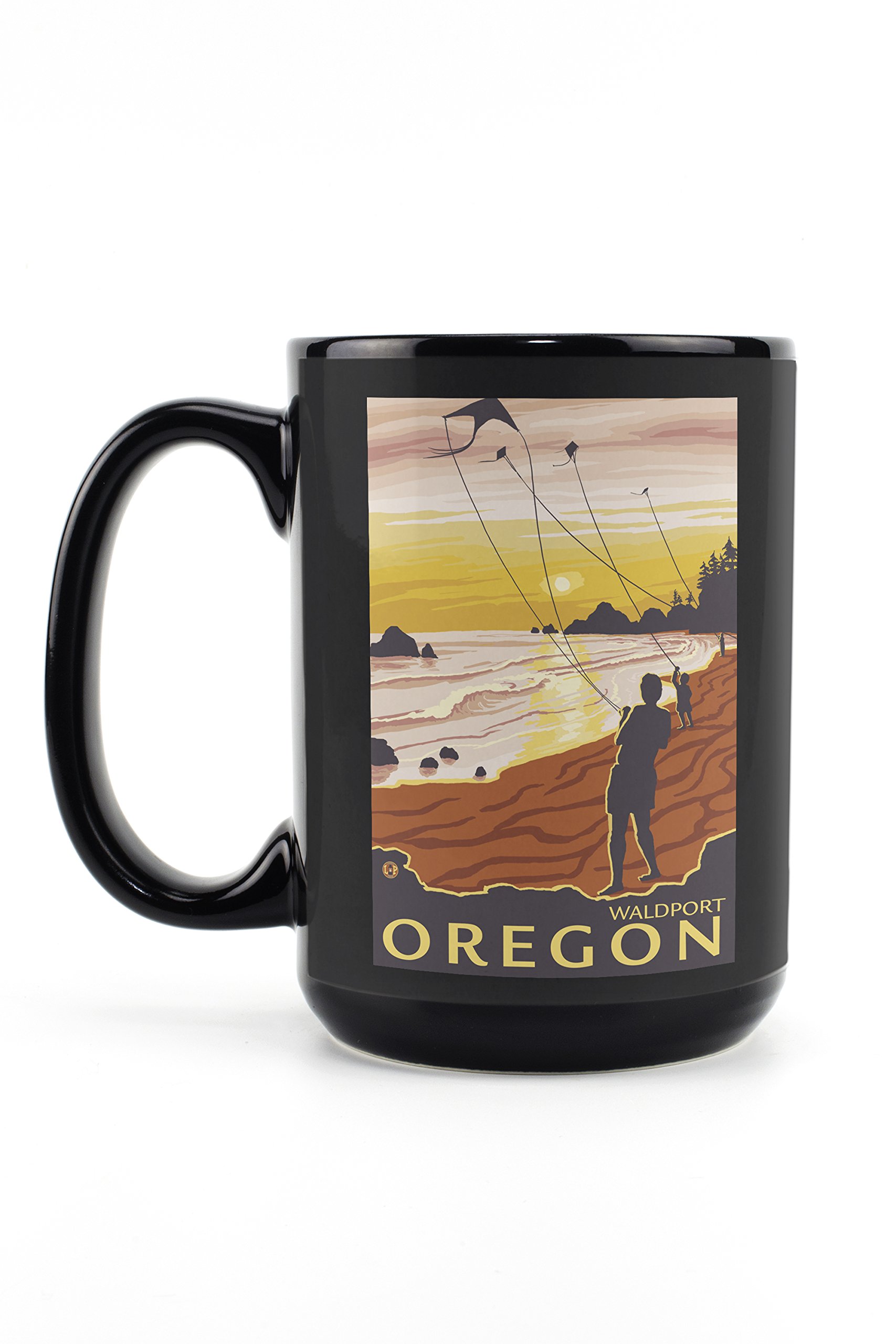 Lantern Press Beach and Kites Waldport Oregon 15oz Black Ceramic Coffee Mug - Microwave & Dishwasher Safe - Perfect for Home, Office & Outdoor Use