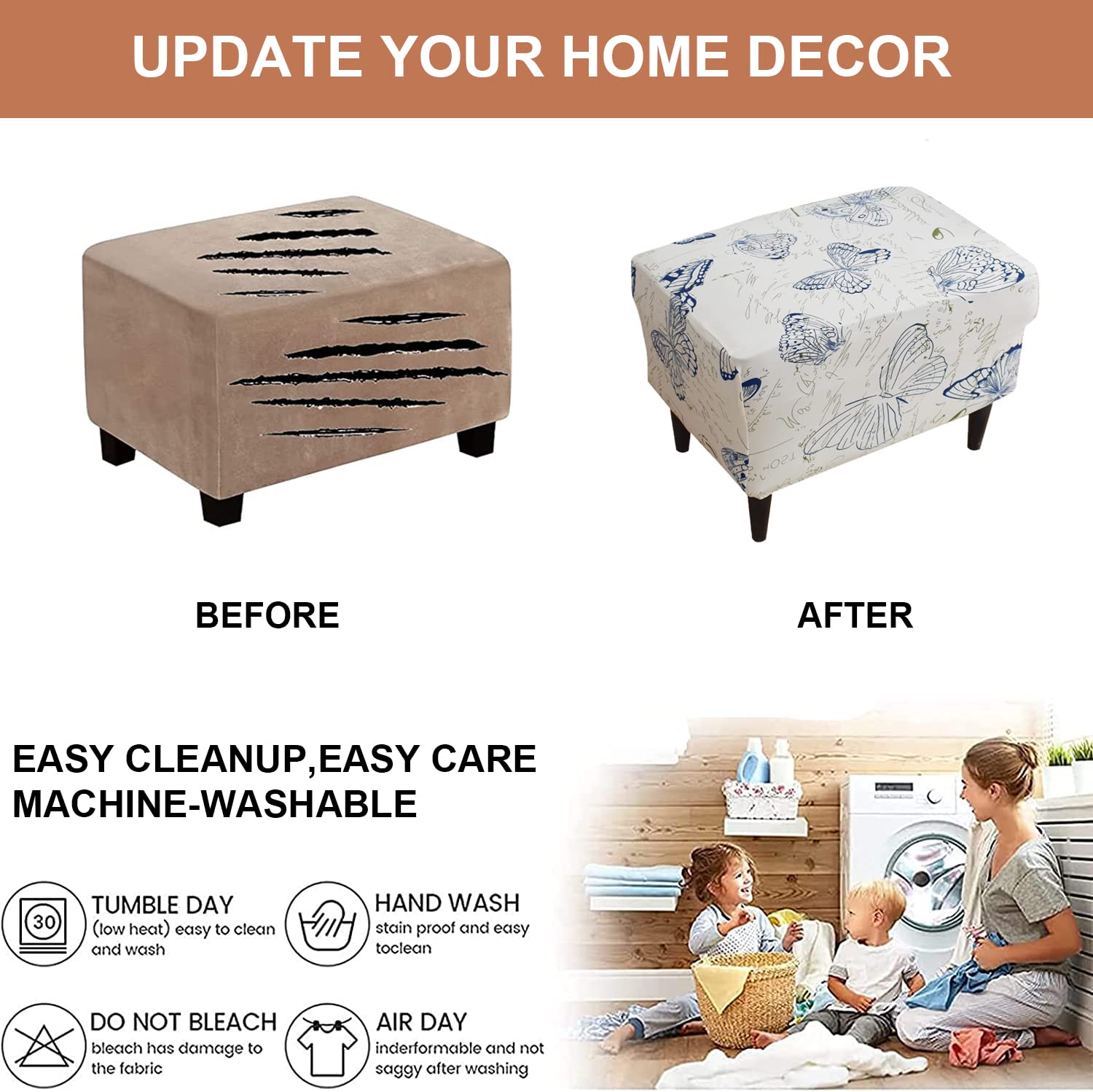 Stretch Ottoman Slipcover - Elastic Rectangular Storage Ottoman Cover with Non-Slip Bottom, Fits Footrest Stool & Furniture Protector | Perfect for Living Room, Bedroom, or Office Decor