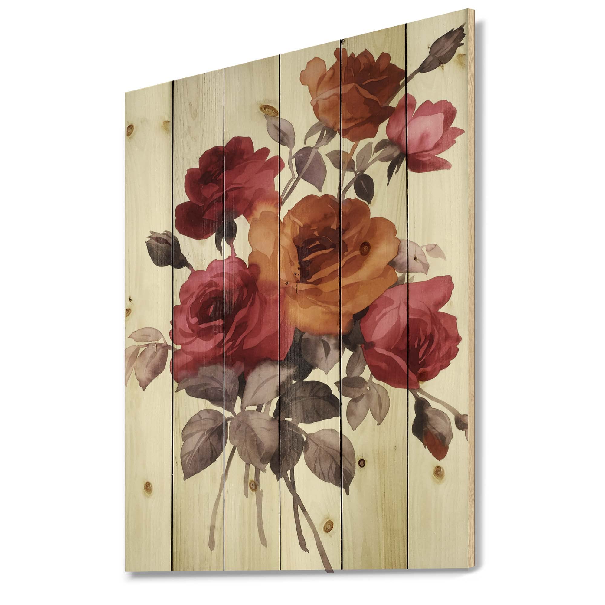 Vintage Orange and Red Roses Traditional Wood Wall Decor - Large Floral Wood Wall Art Panels Printed on Natural Pine - Perfect for Living Room, Bedroom, and Home Office Decoration
