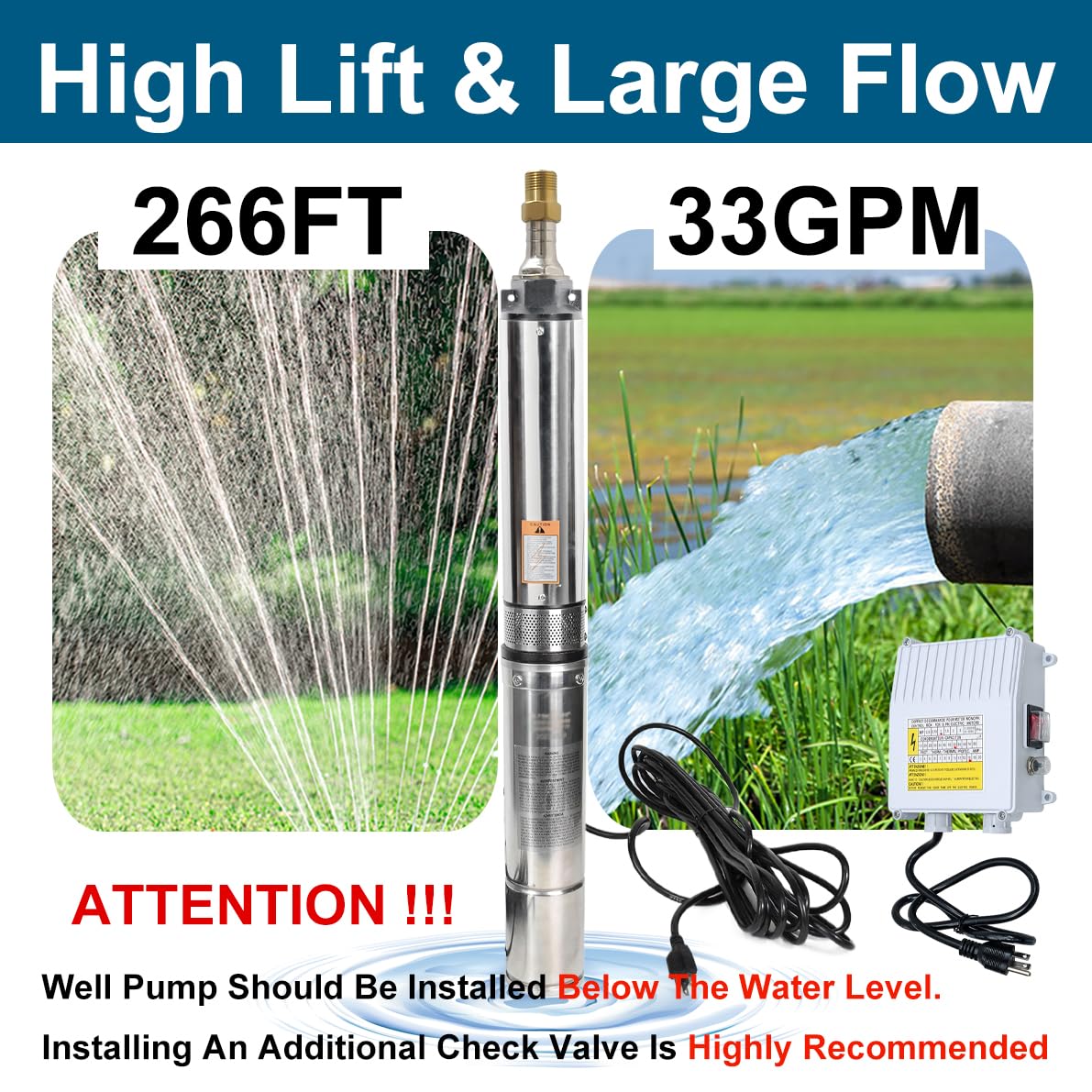 1HP 115V Deep Well Submersible Water Pump with Control Box - Stainless Steel 33 GPM, 266ft Lift, 100ft Power Cord & ON/OFF Switch - Ideal for 4