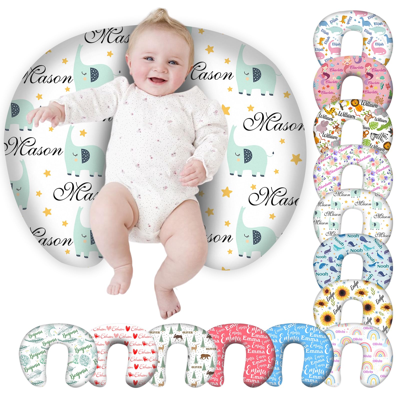 Custom Personalized Baby Nursing Pillow Cover with Name - Elephant Theme for Boys & Girls | Perfect Baby Shower Gift & Nursery Essential