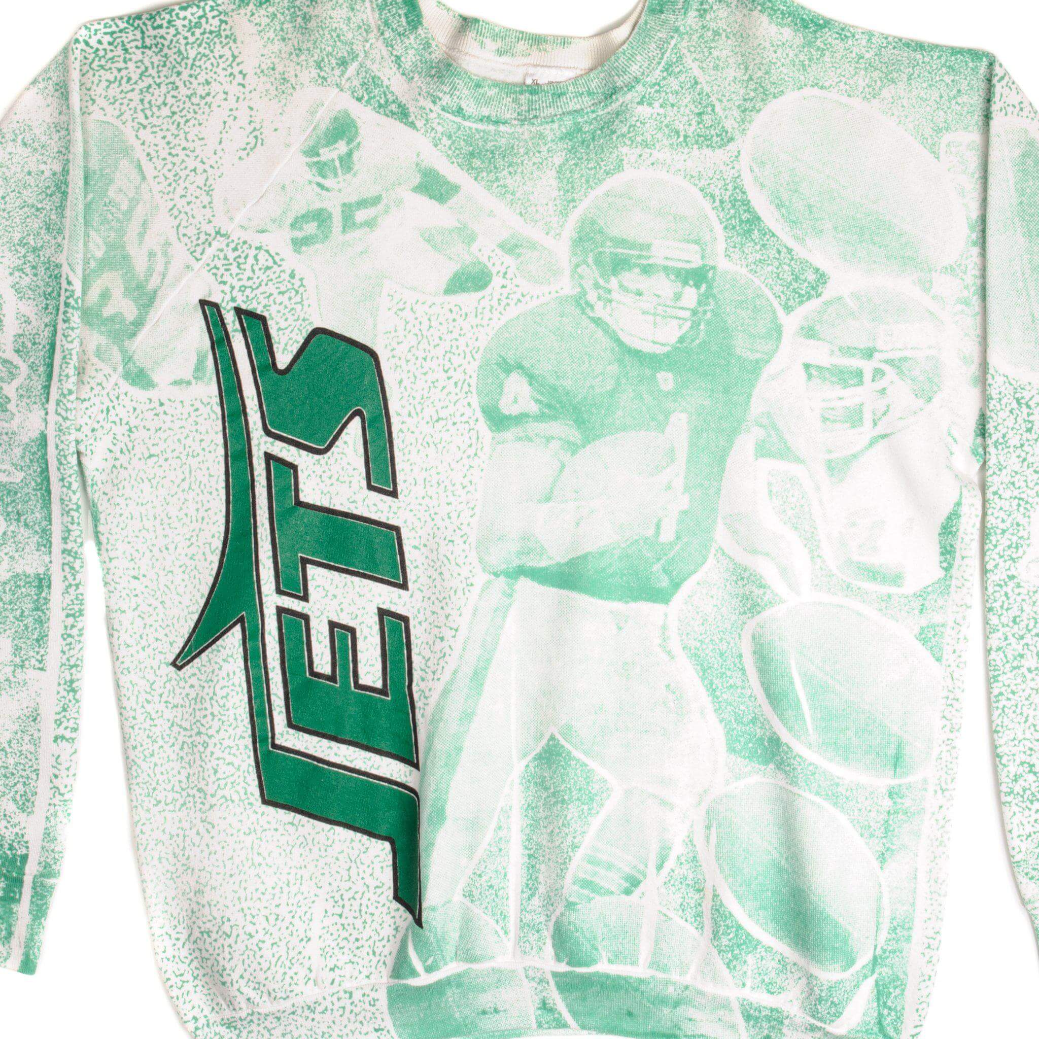 Vintage 1990s NFL New York Jets All Over Print Sweatshirt - Size XL - Made in USA - Perfect for Game Day & Retro Fashion Fans
