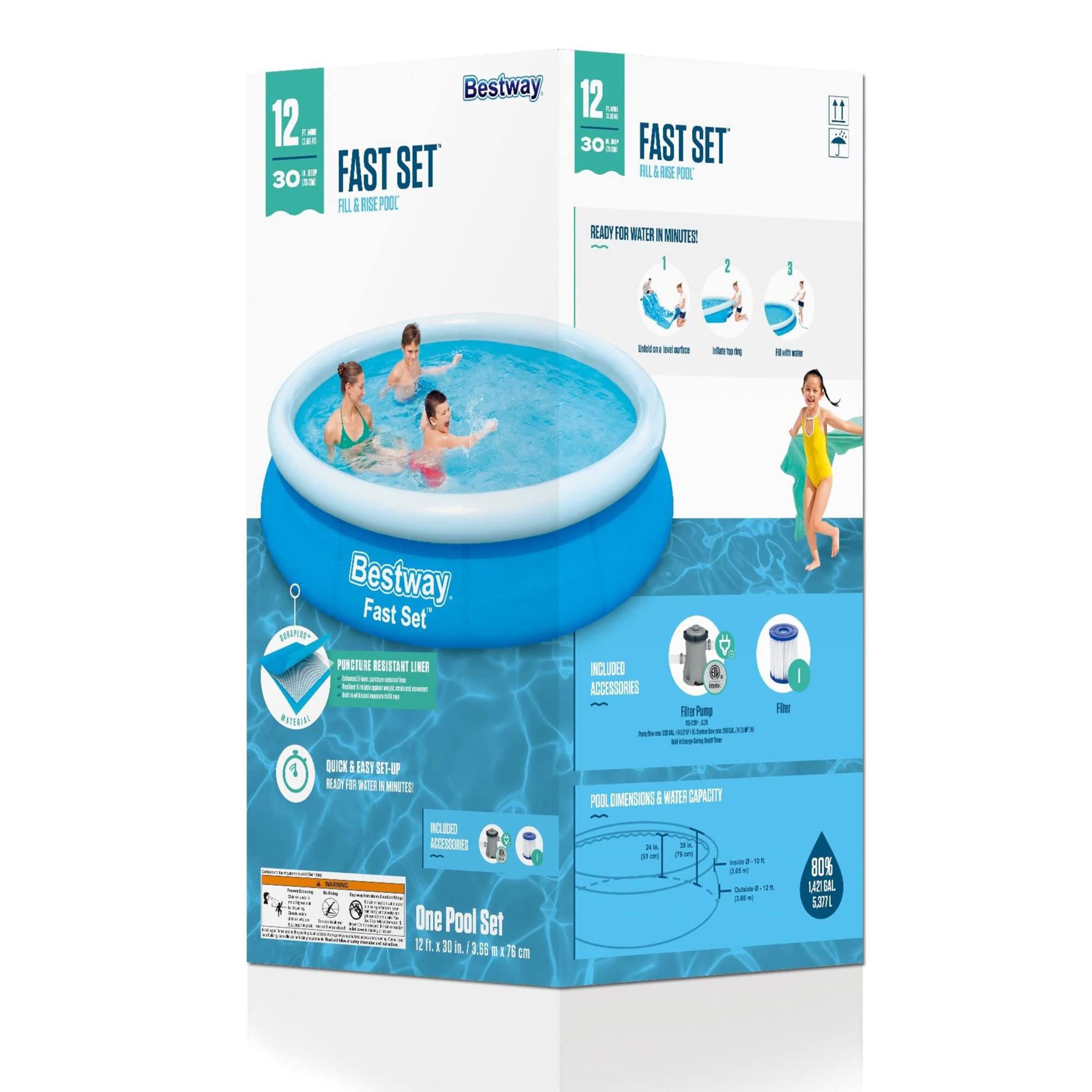 Bestway 57275E Fast Set Up 12ft x 30in Inflatable Above Ground Swimming Pool with 330 GPH Filter Pump - Perfect for Backyard Fun, Family Gatherings & Summer Relaxation