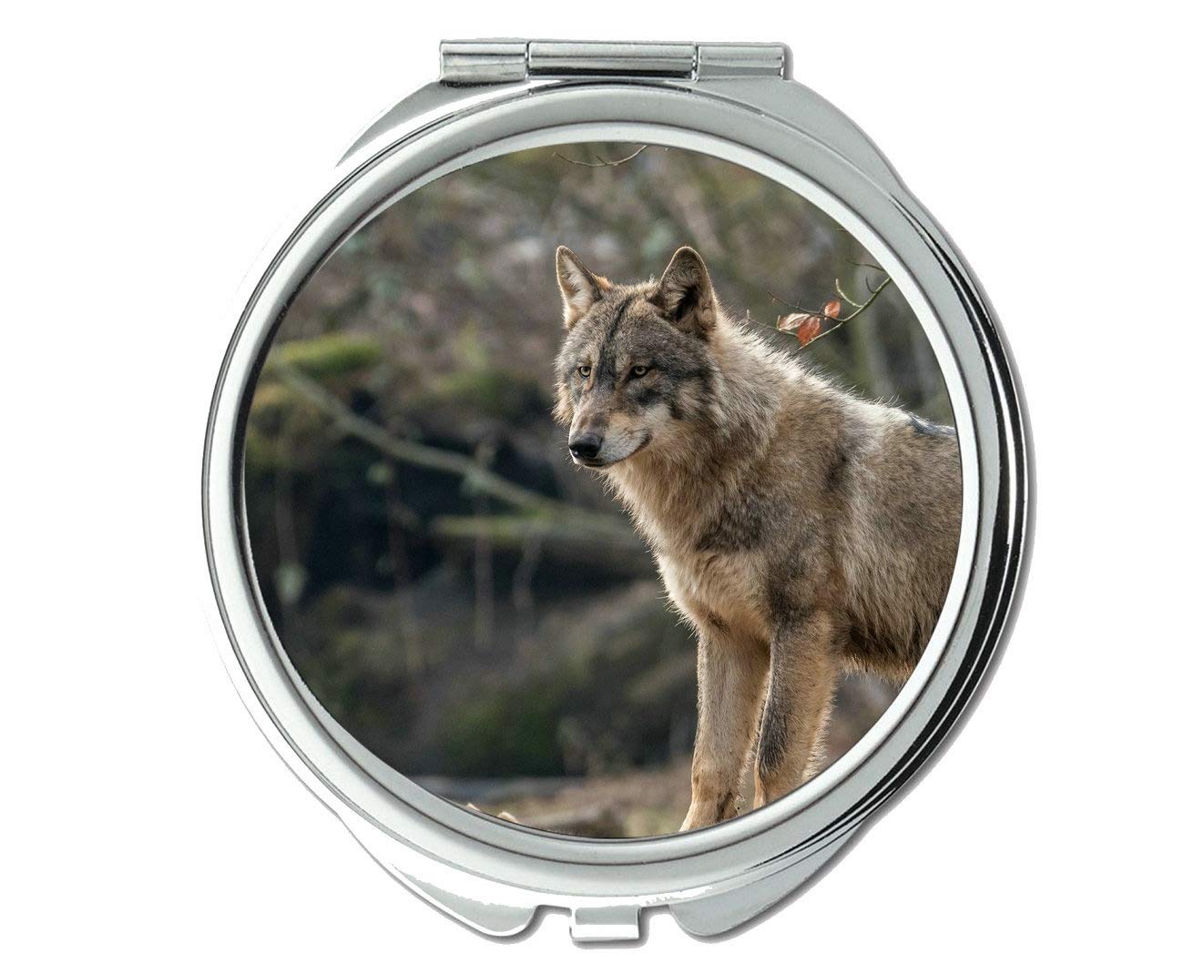 Yanteng Flying Pig Men's Pocket Mirror - 1X & 2X Magnifying Small Mirror with Wildlife Predator Wolf Design - Perfect for Travel, Makeup, Camping & Outdoor Adventures
