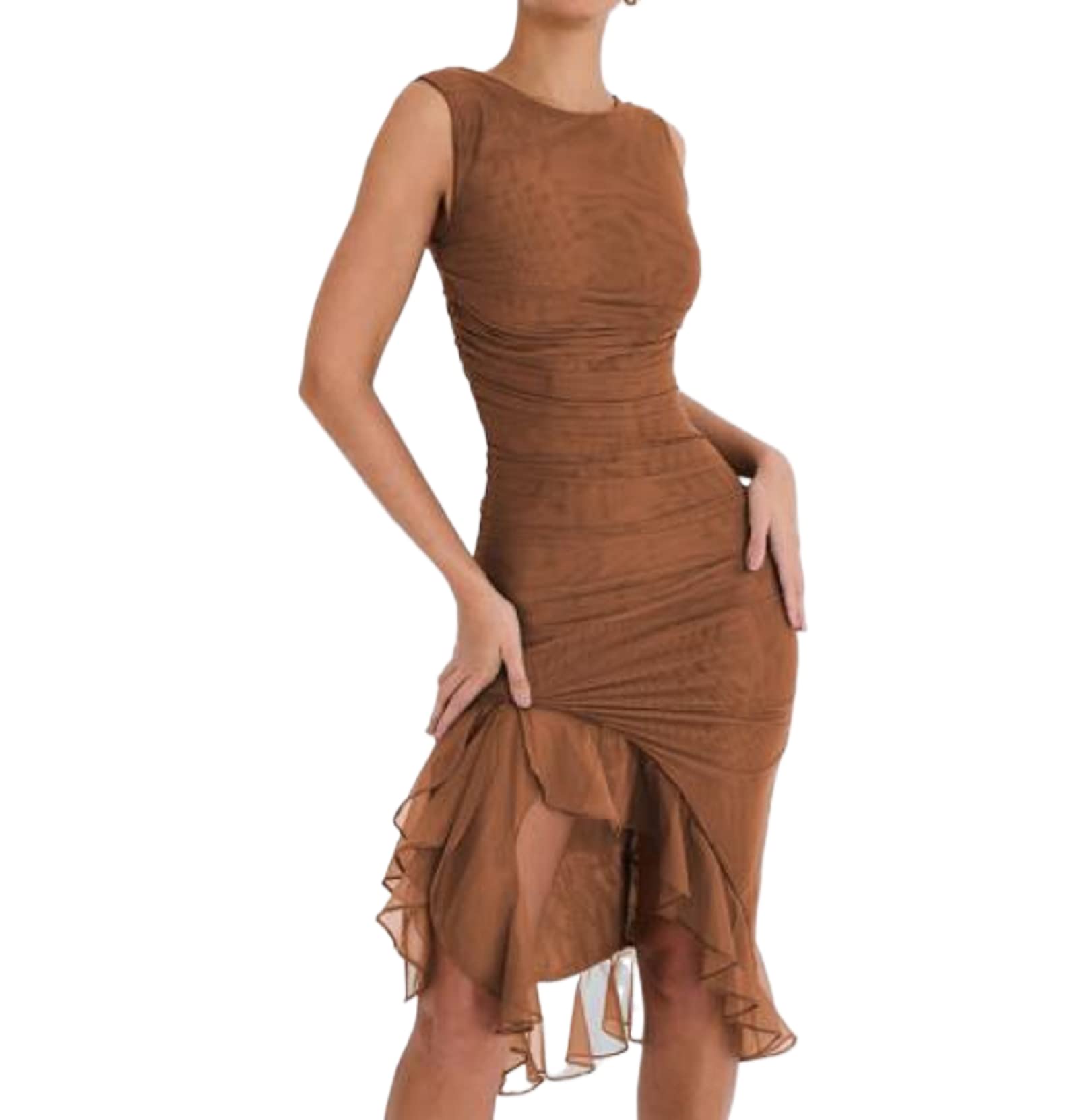 Women's Ruffle Trim Mini Dress - Summer Sleeveless Bodycon Midi Dress for Night Out, Cocktail Party & Club Wear | Flattering Mermaid Silhouette for Date Nights & Special Occasions