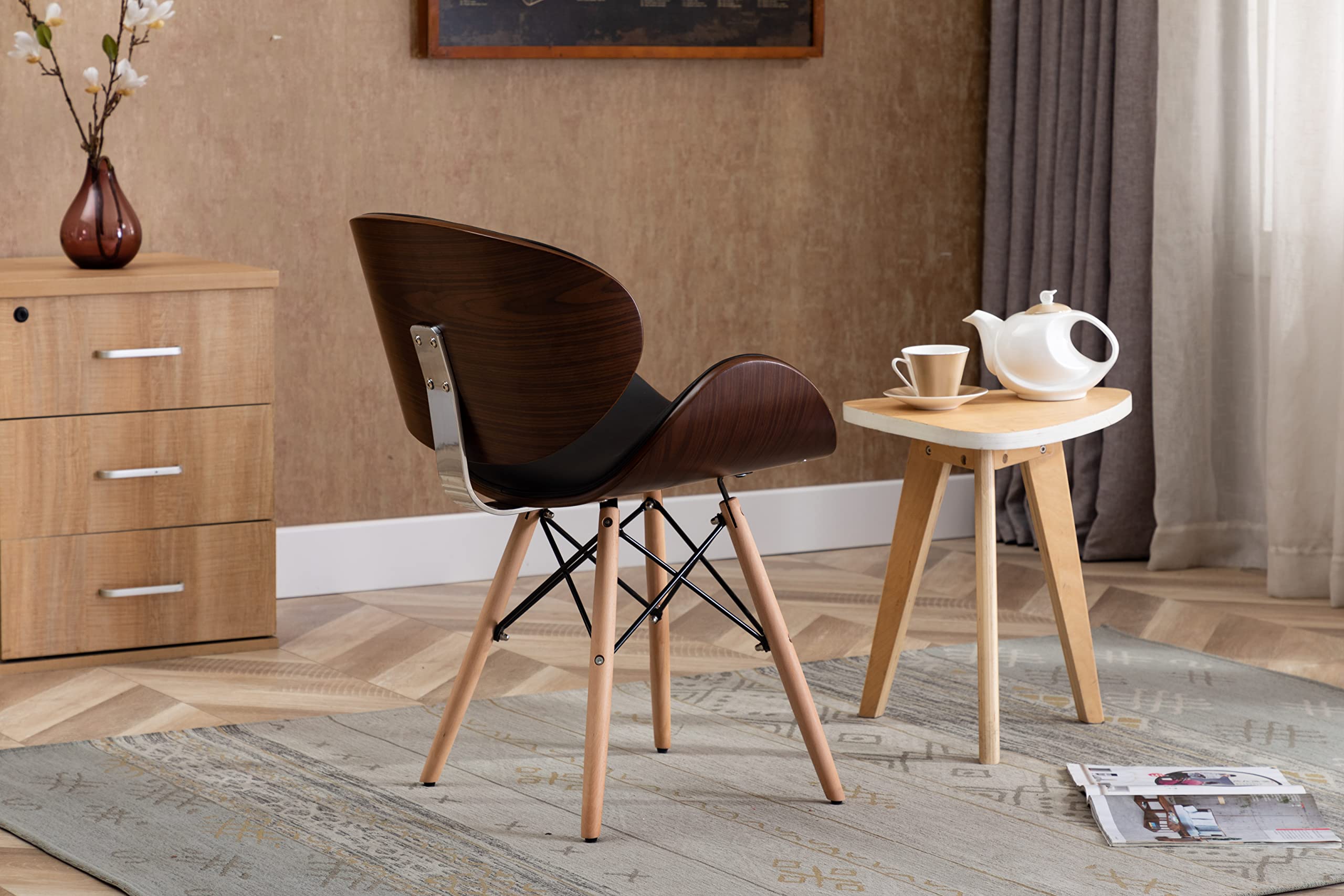 Vanity Art Mid Century Modern Dining Chair - Synthetic Leather Upholstery, Walnut Accent, Curved Back Design - Perfect for Kitchen, Dining Room & Living Room - Comfortable Seating for Home Decor & Entertaining (UC-9B)
