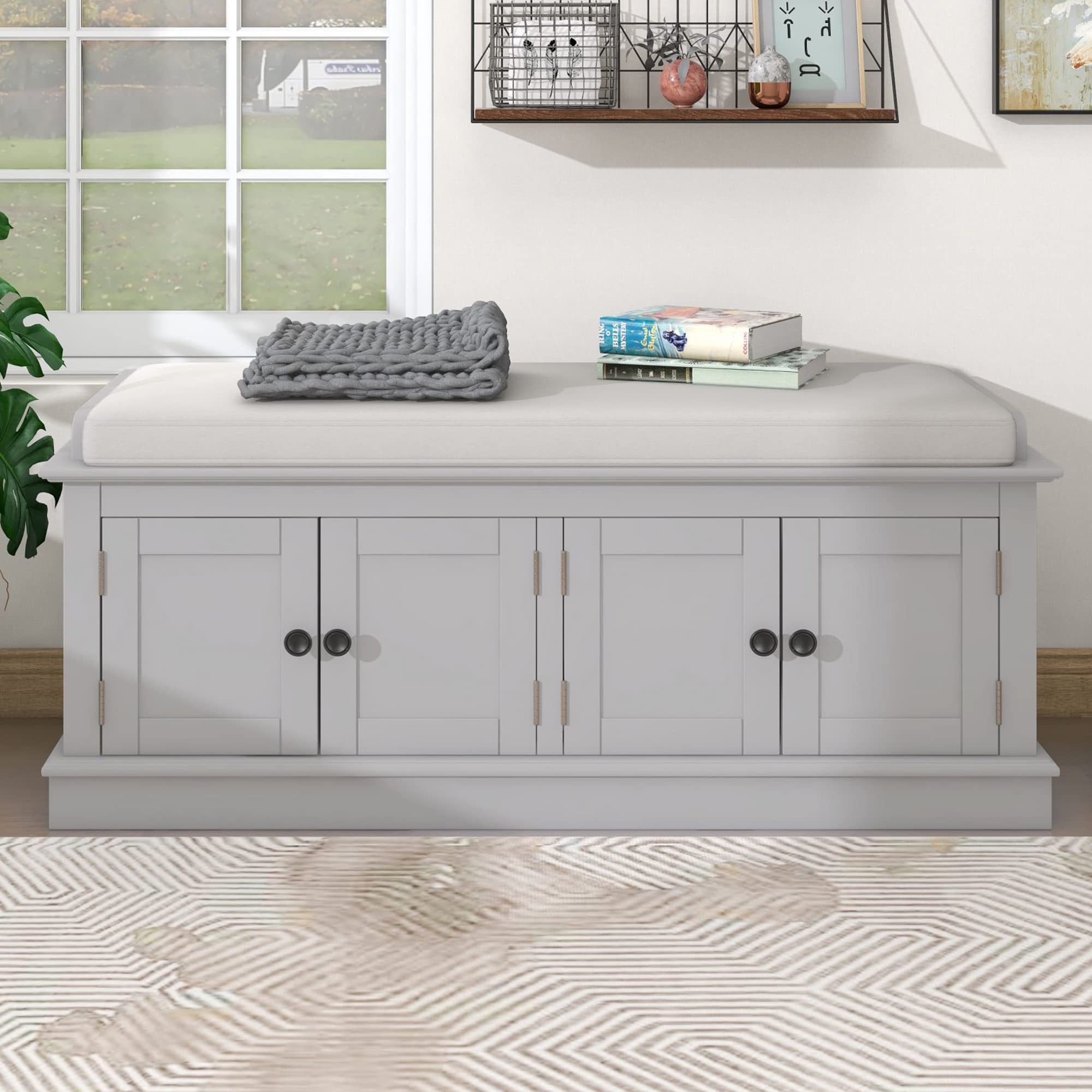 P PURLOVE Farmhouse Storage Bench with Adjustable Shelves & Removable Cushion - Entryway Shoe Organizer, Hallway Seating, Living Room Storage - Gray Wash Wooden Bench for Home Decor