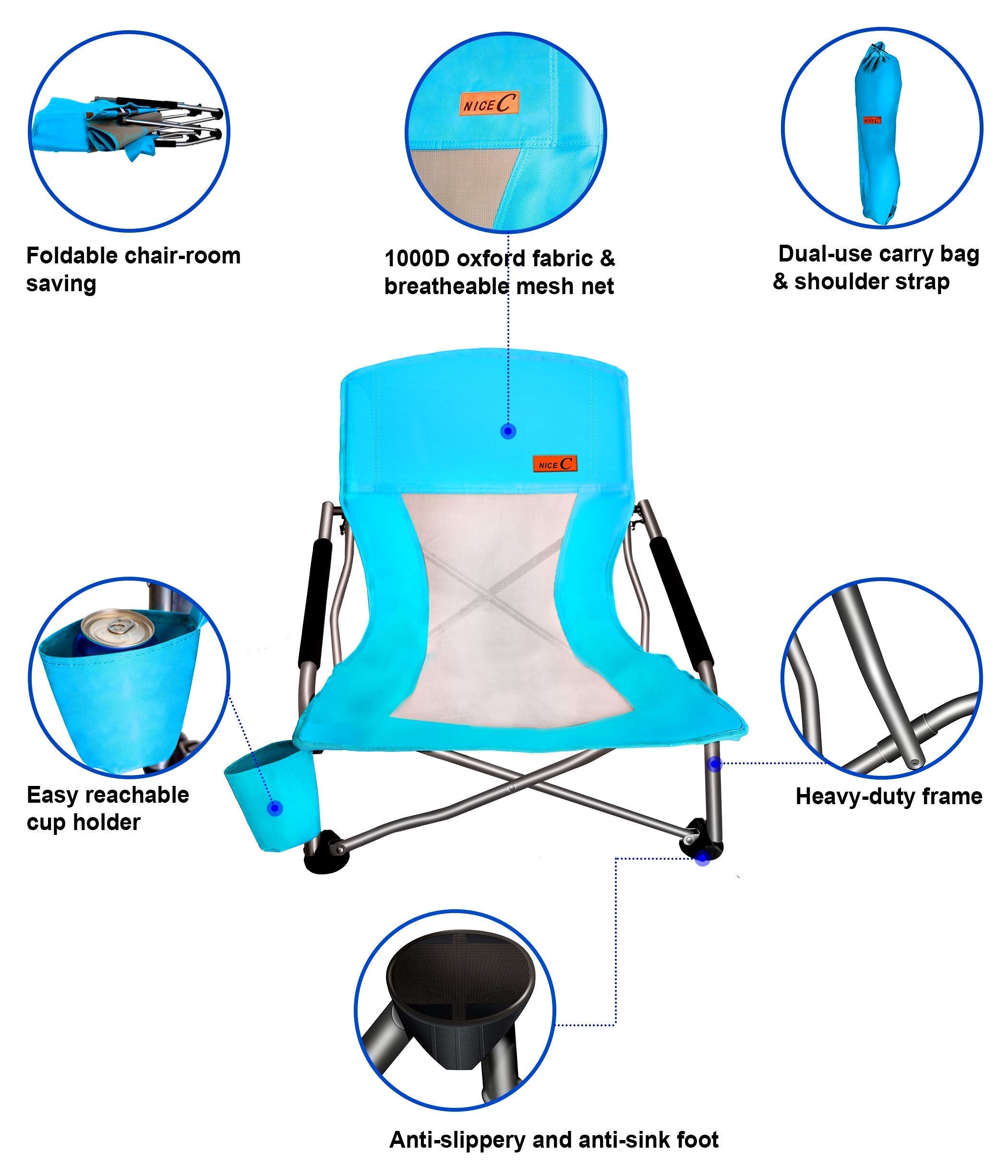 2 Pack Blue Folding Beach Chairs with Cooler + 1 Pack Portable Folding Table - Lightweight Outdoor Furniture for Beach, Camping, Picnics & Backyard Relaxation