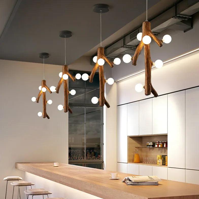 Modern White Globe LED Chandelier with Tree Trunk Design - Perfect for Dining Room, Bedroom, and Living Room Lighting Decor