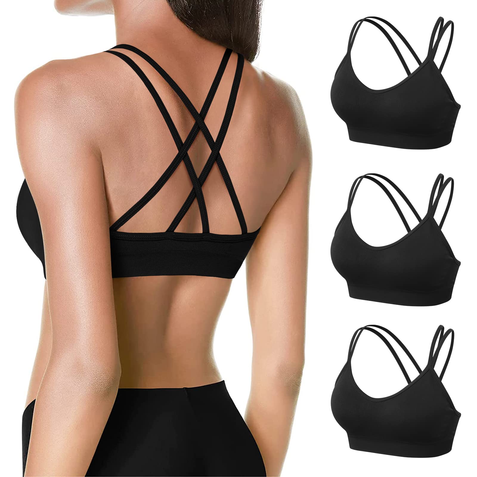 VEQKING Women's Cross Back Sports Bra - Padded Medium Support Yoga Bra 3 Pack for Workout, Fitness, Running & Gym - Comfortable Strappy Design for Active Lifestyles