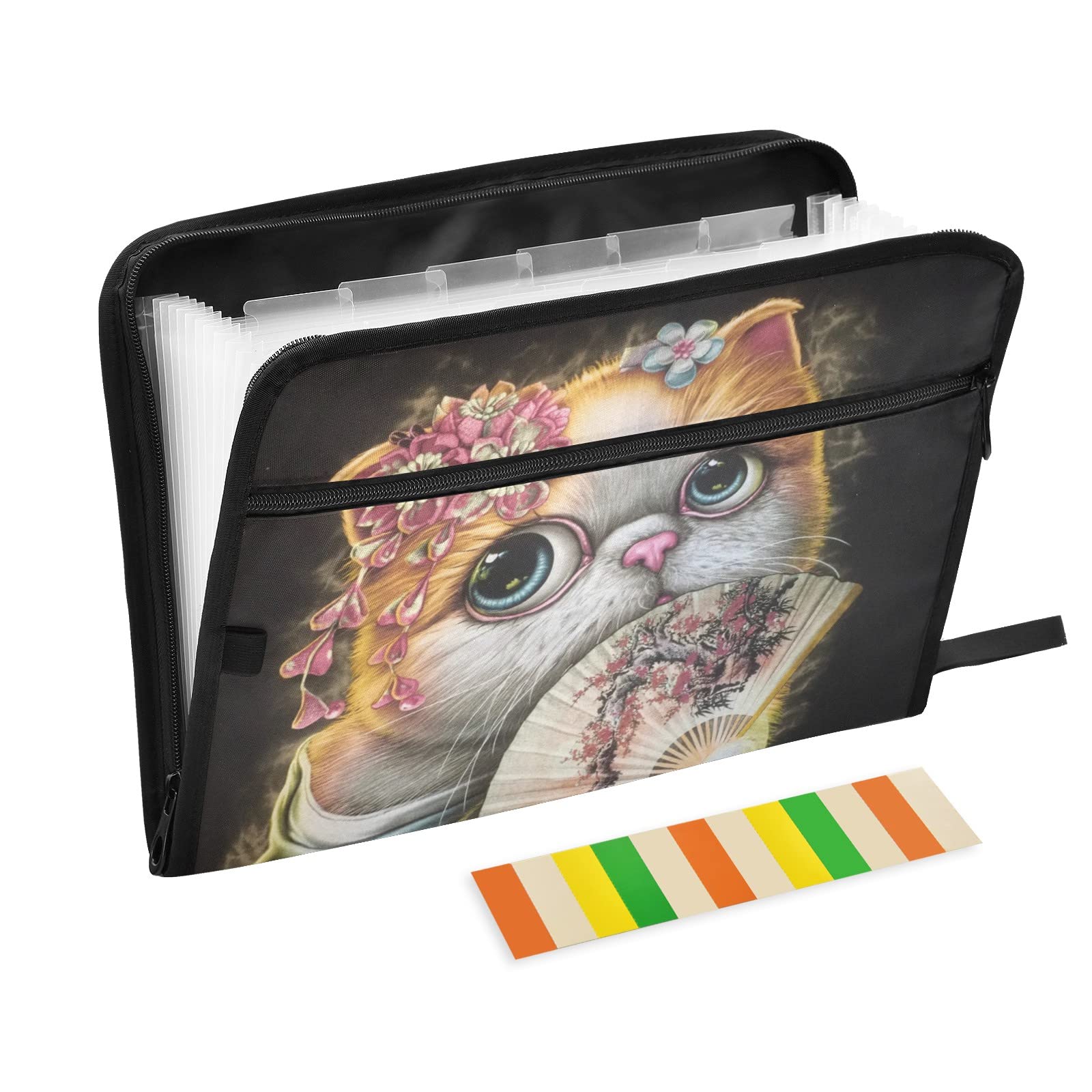 UMIRIKO Vintage Cat Design 13-Pocket Expanding File Folder with Sticky Labels - Accordion Organizer for A4/Letter Size Documents - Zippered Closure File Storage - Perfect for Office, School & Home Organization (20220493)