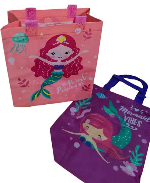 TERA 13 Pack of 10 Mermaid Themed Reusable Tote Bags for Girls - Birthday Party Favors, Gift Bags, Shopping Bags & Multipurpose Carry Bags - Perfect for Birthday Parties, Beach Trips & Grocery Shopping