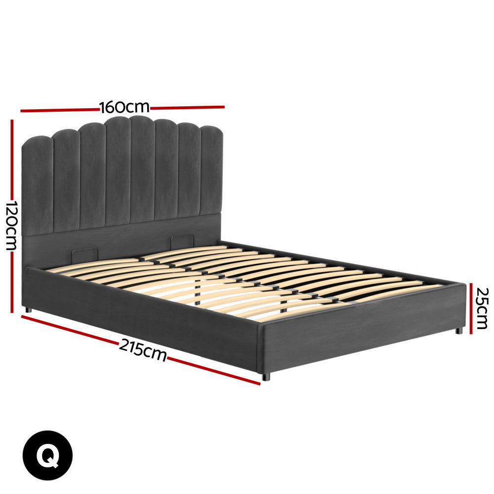 Fion Queen Velvet Upholstered Storage Bed with Underbed Drawers - Soft Grey Luxe Bedroom Furniture for Small Space & Modern Home Decor