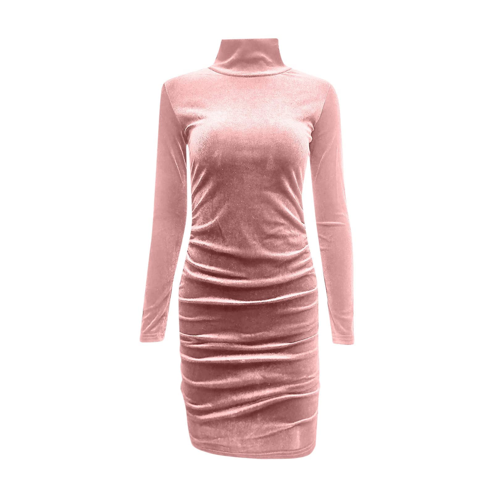 Ticcoy Women's Velvet Long Sleeve Turtleneck Bodycon Mini Dress - Ruched Party Cocktail Dress for Night Out, Date Night & Holiday Events